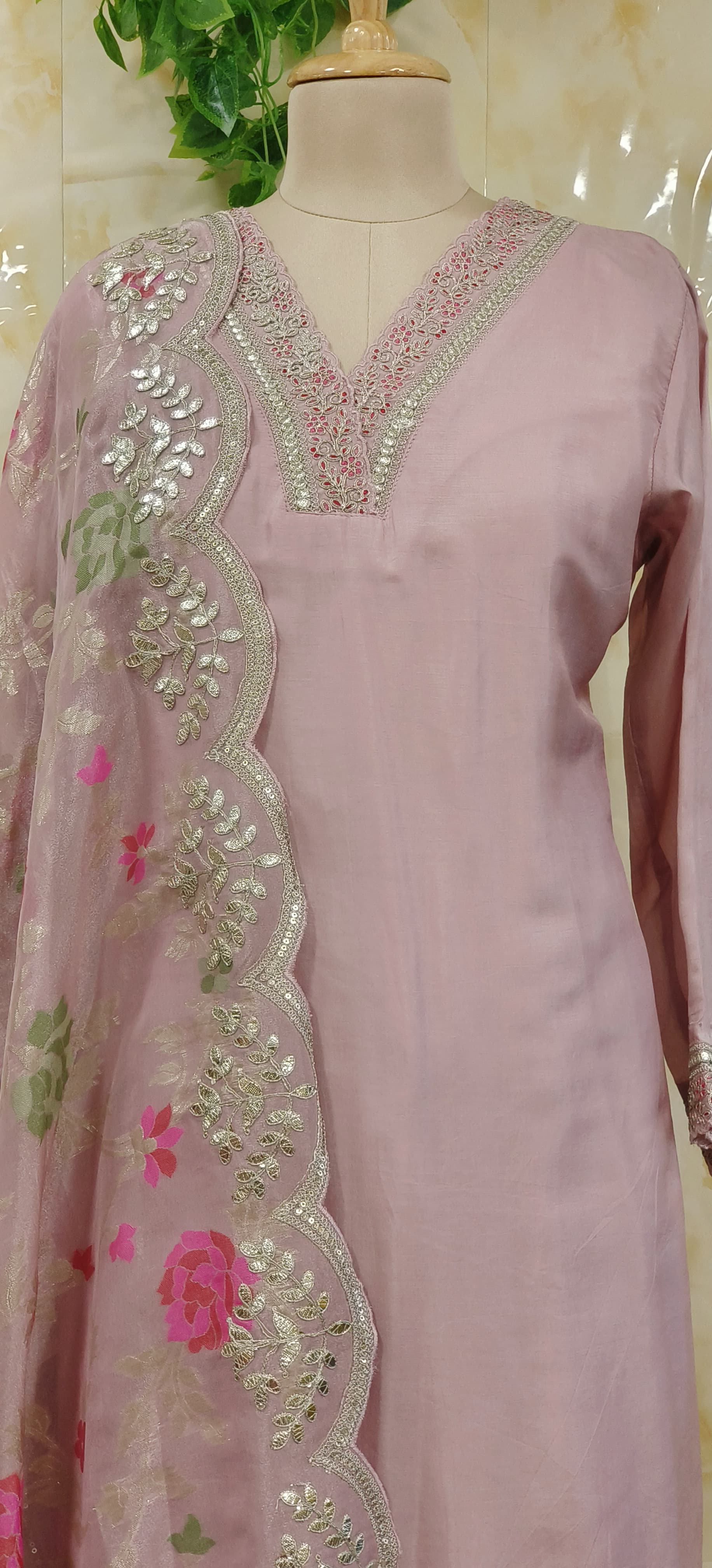 Beautiful V-Neck Embroidery Full Set with Printed dupatta-07373-74
