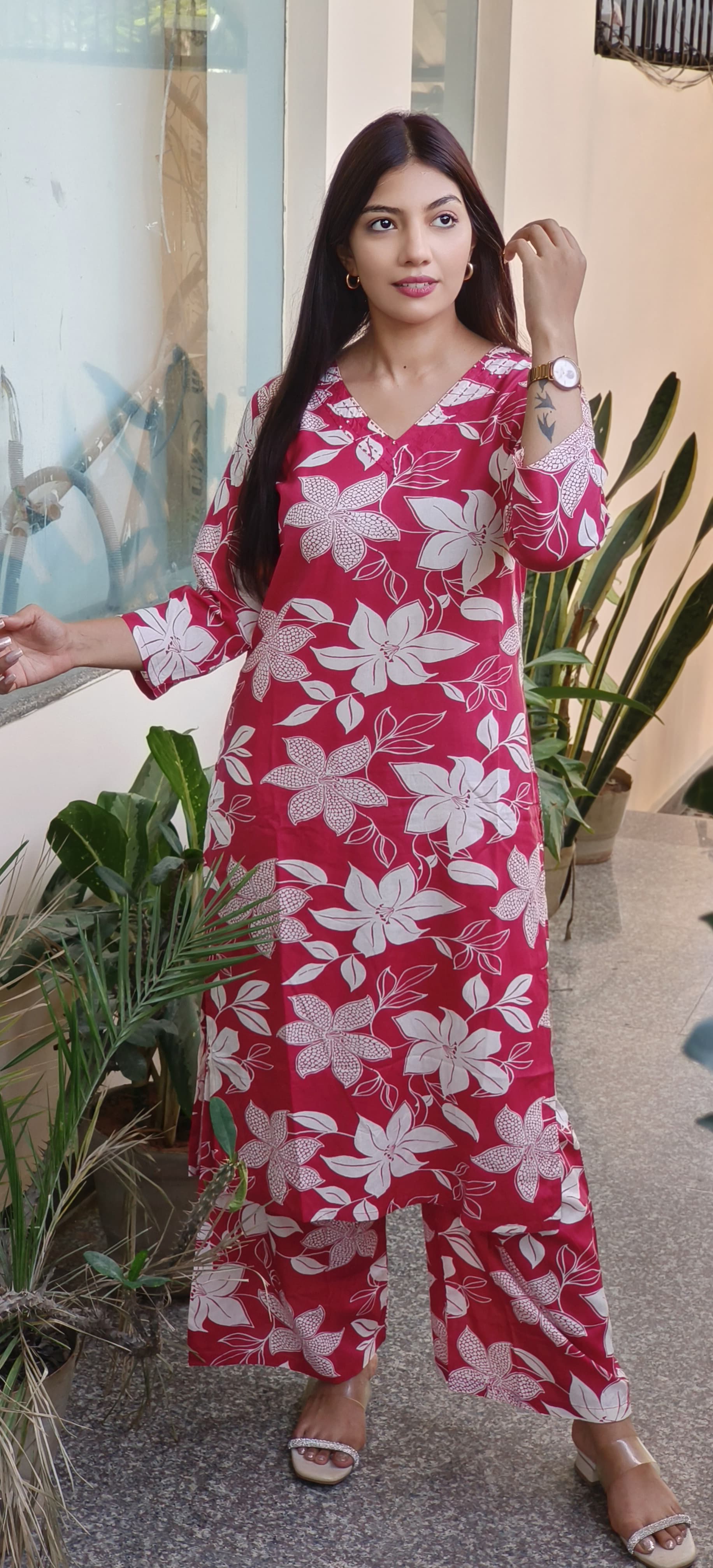 Flower Print Slub Cotton V-Neck Kurta with Loose Pant Set-08787-08786