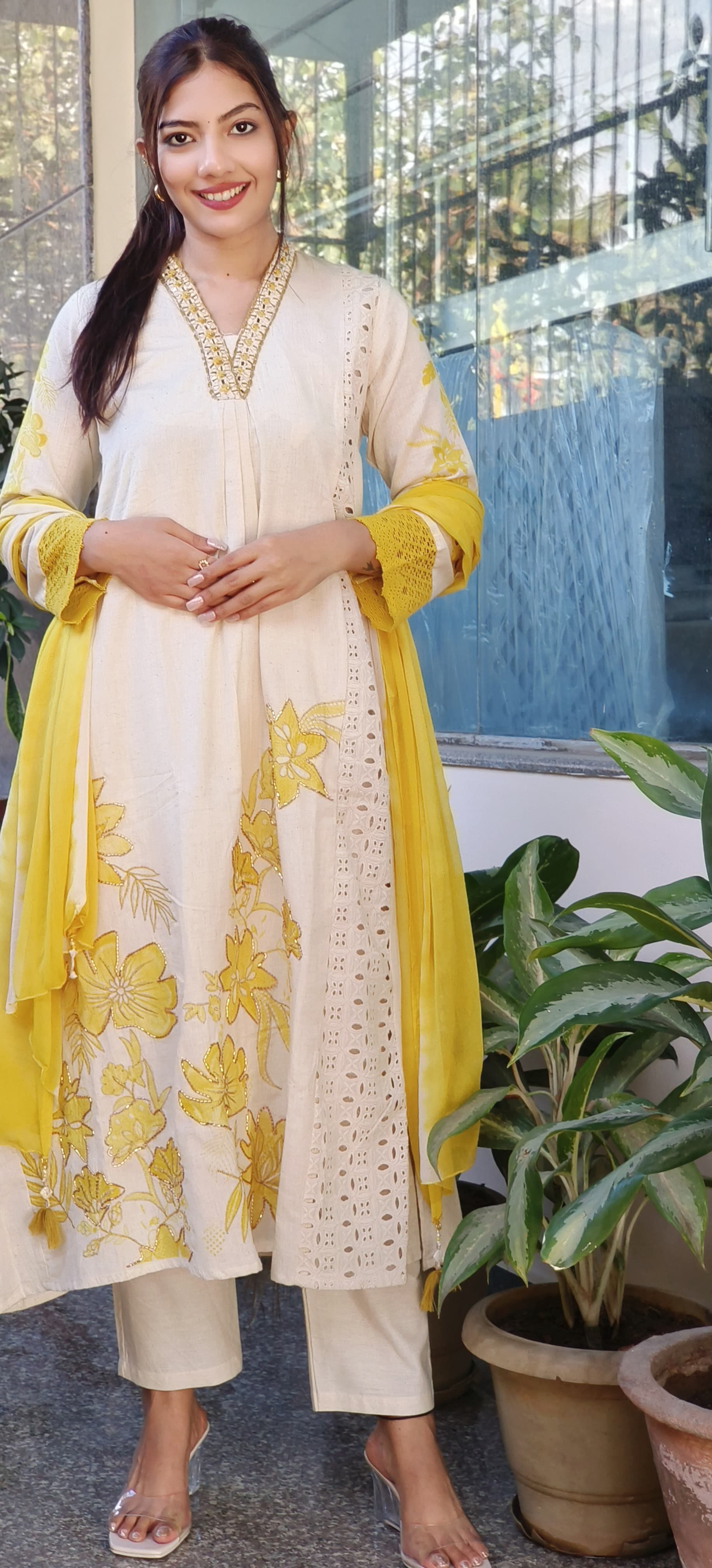 Elegant Floral Embroidery Cotton Anarkali with Yellow Dupatta V-Neck Real Mirror Work Full Set-
