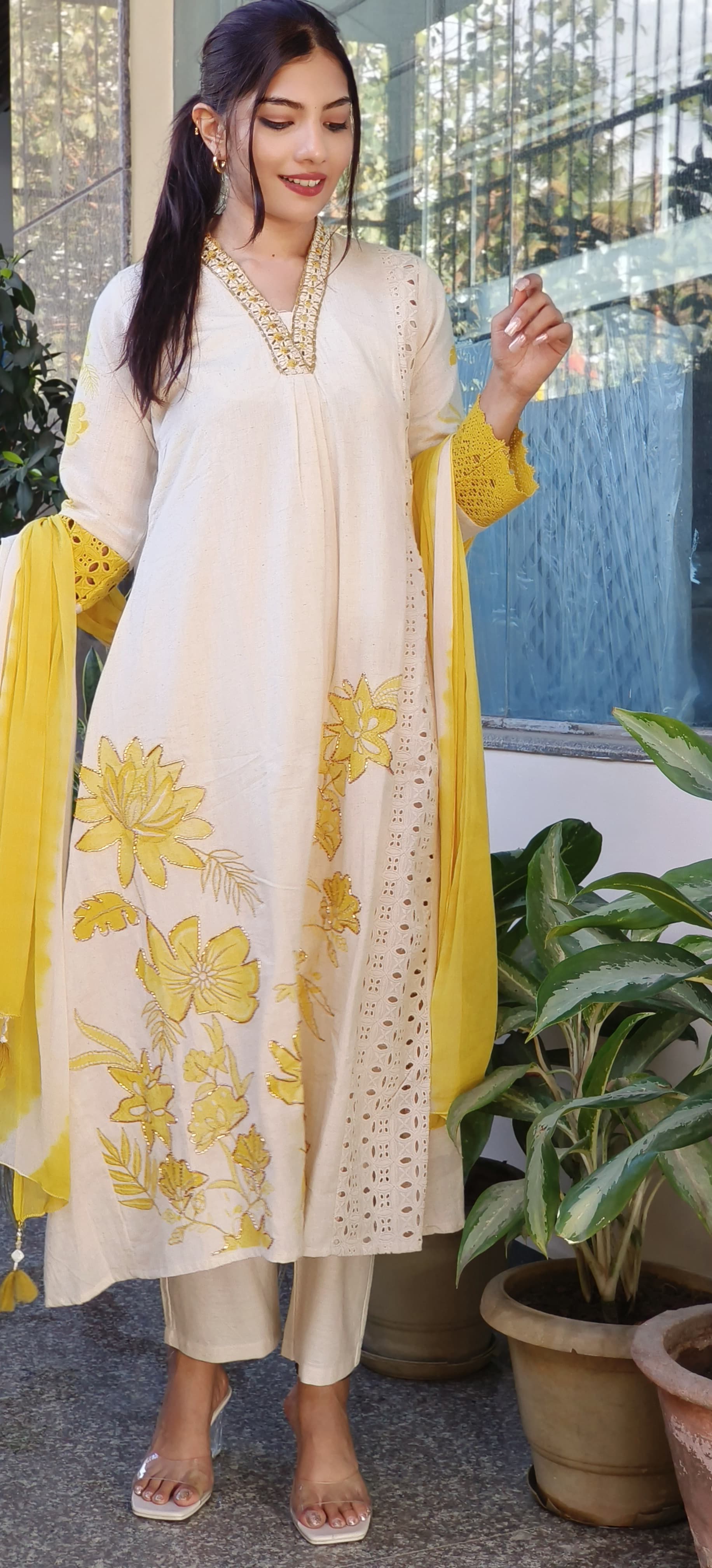 Elegant Floral Embroidery Cotton Anarkali with Yellow Dupatta V-Neck Real Mirror Work Full Set-