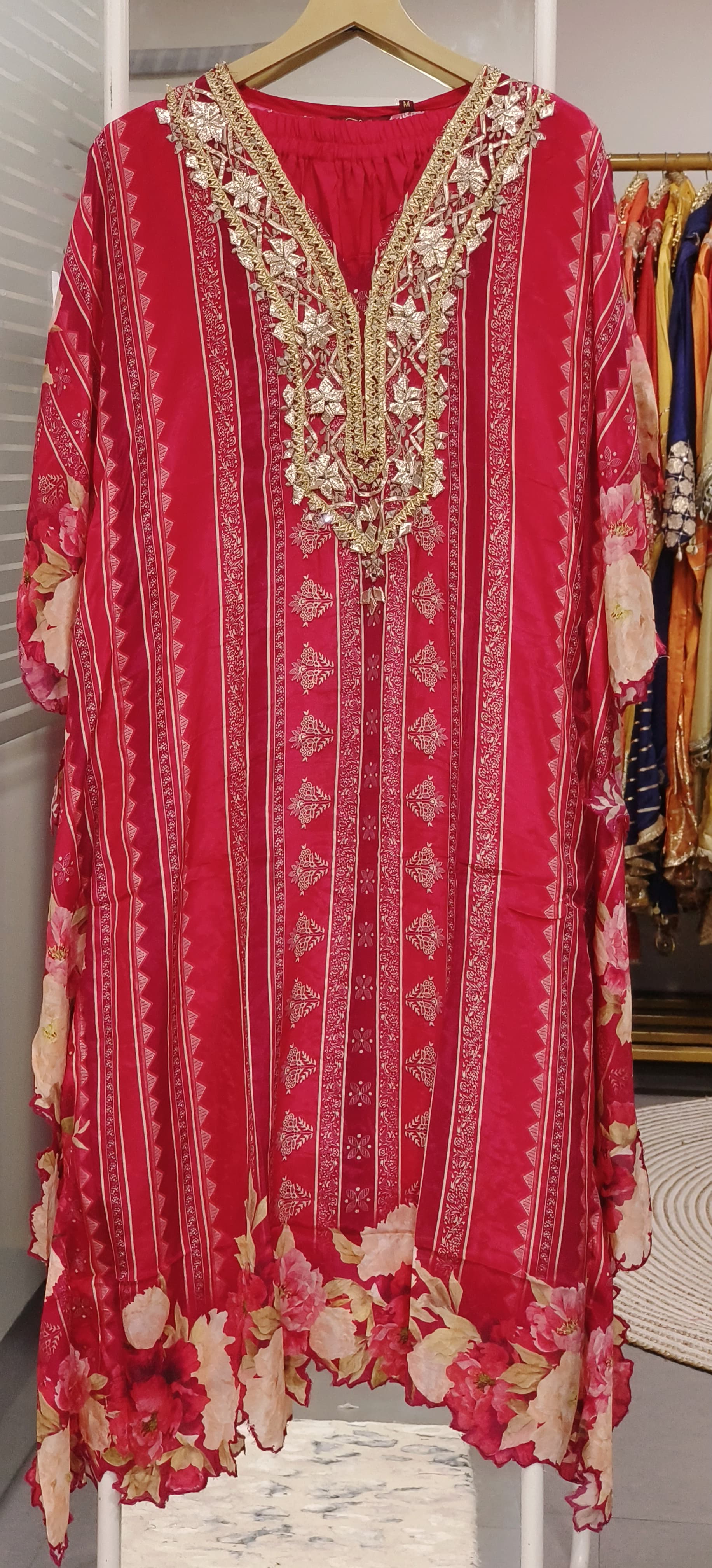 Elegant Floral Crape Kaftan with Side Cut Design, Gota Work, and Matching Plain Bottom