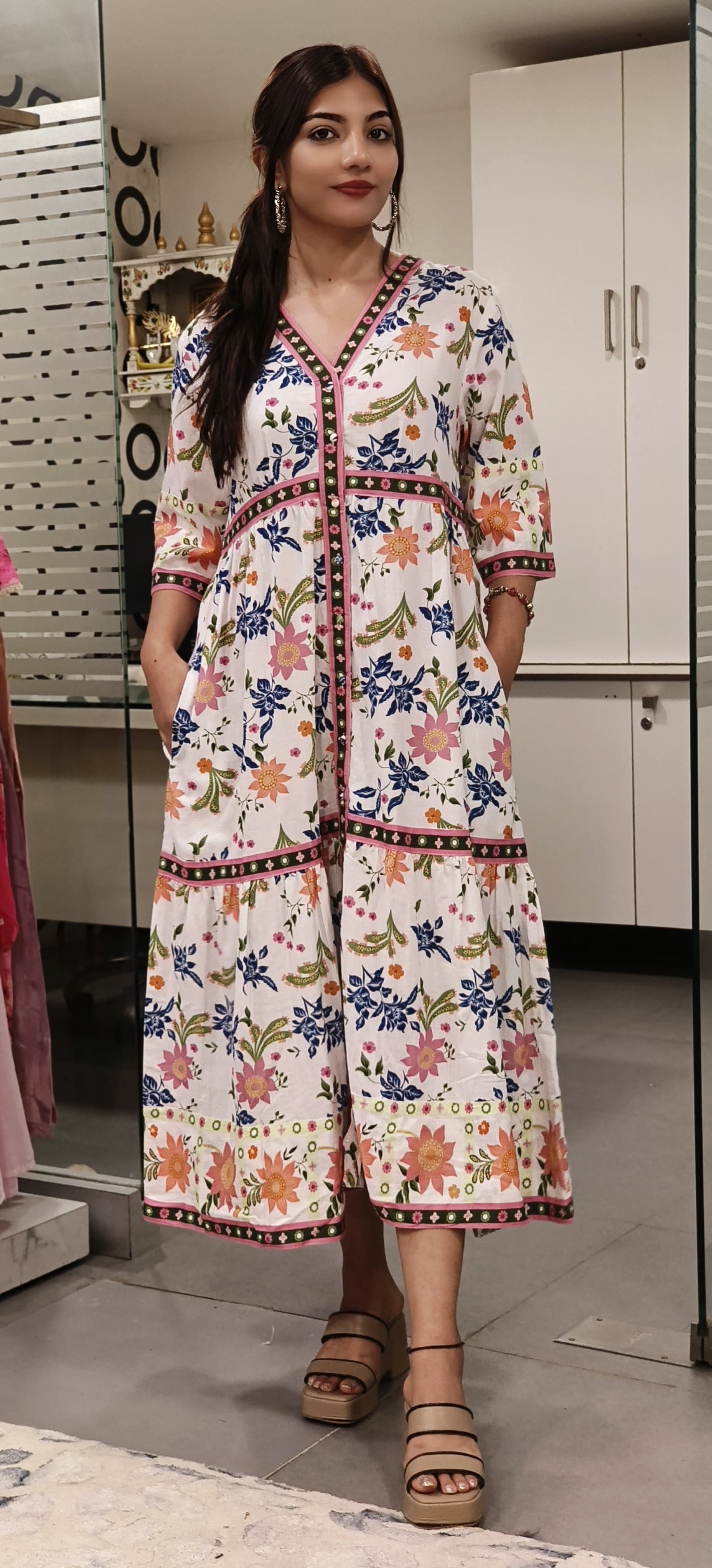Floral Print With Bottons Slub Cotton Ankel Length Frock