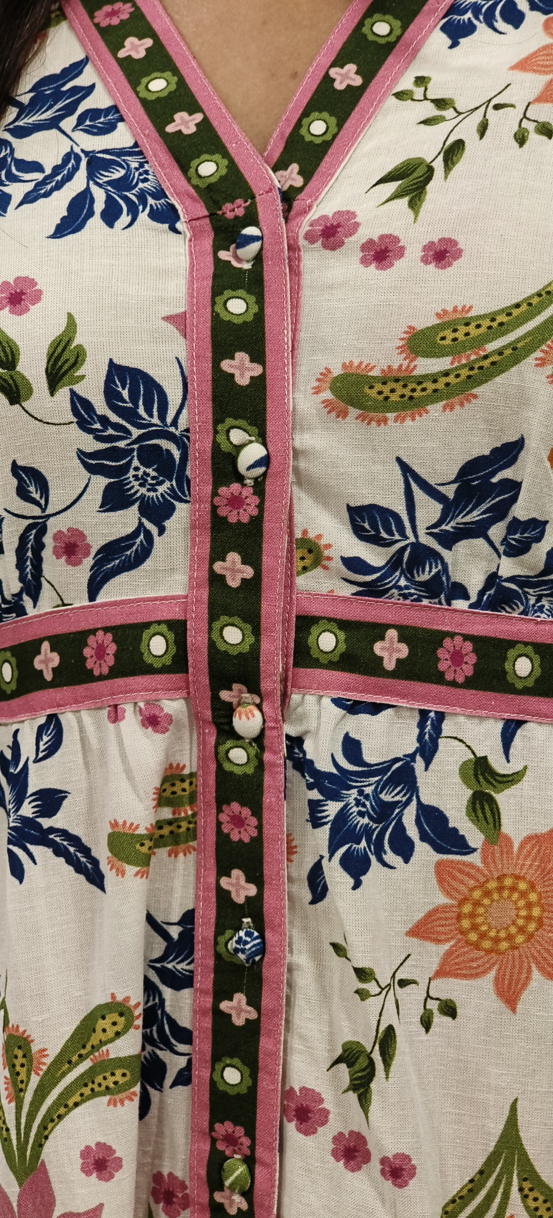 Floral Print With Bottons Slub Cotton Ankel Length Frock
