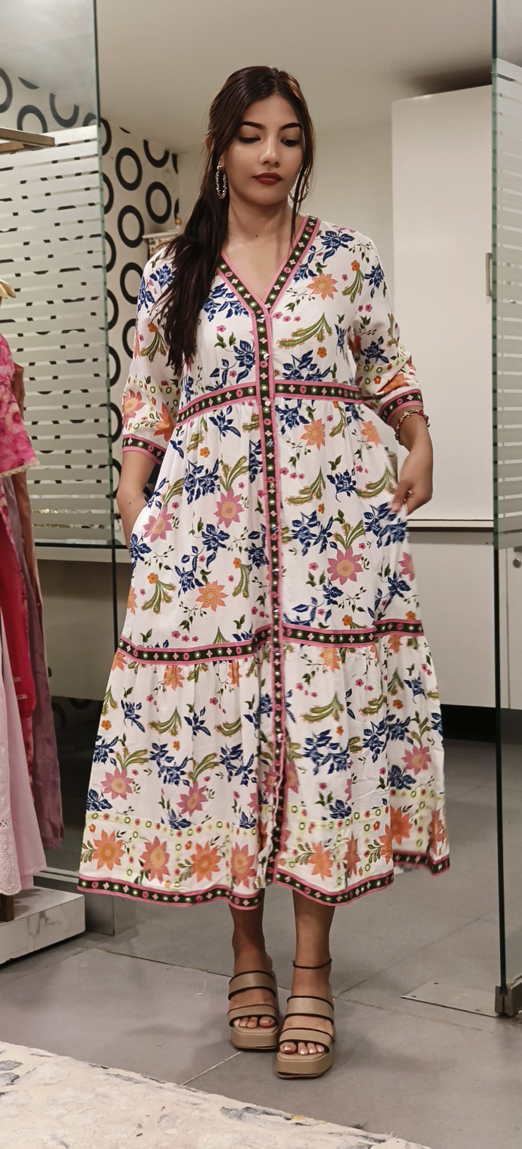 Floral Print With Bottons Slub Cotton Ankel Length Frock