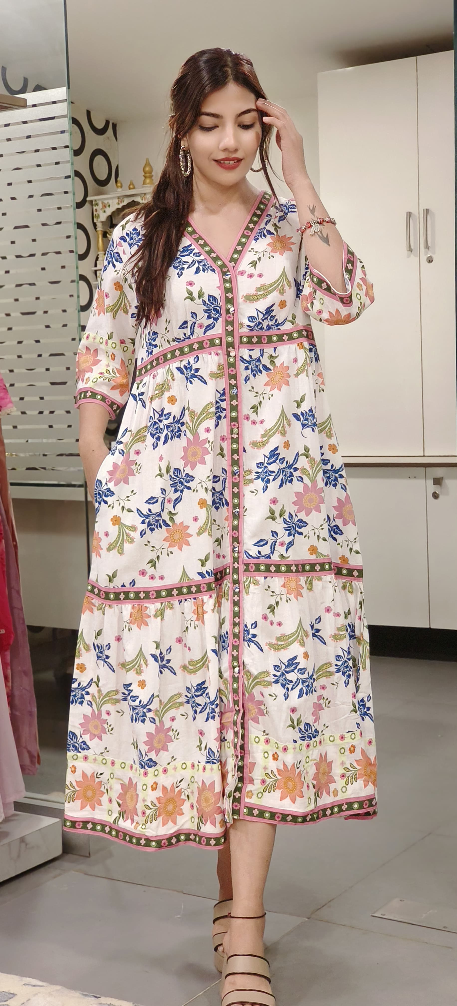 Floral Print With Bottons Slub Cotton Ankel Length Frock