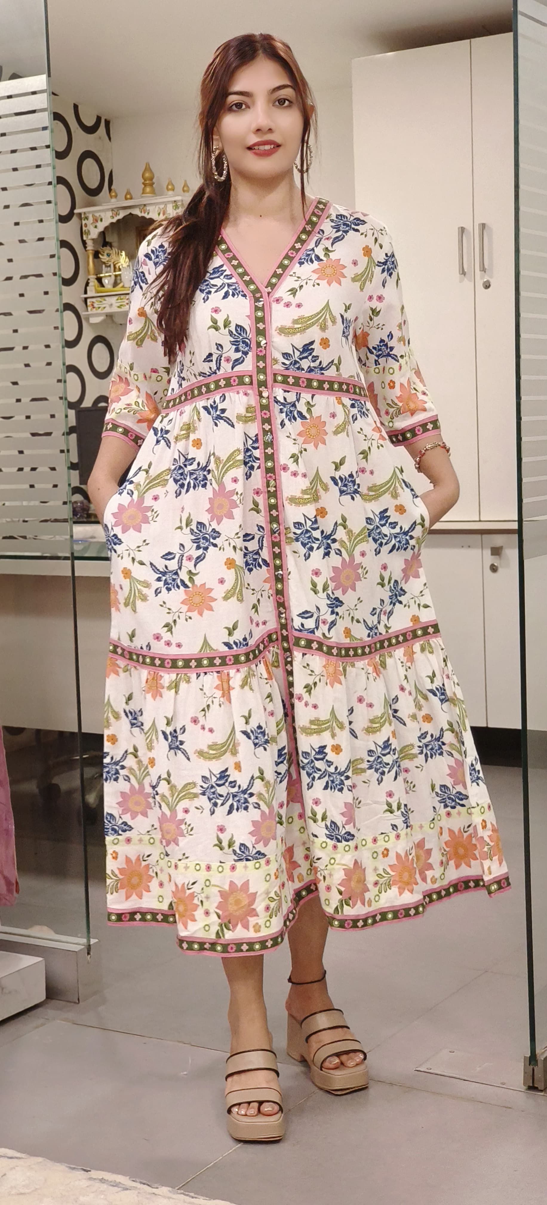 Floral Print With Bottons Slub Cotton Ankel Length Frock