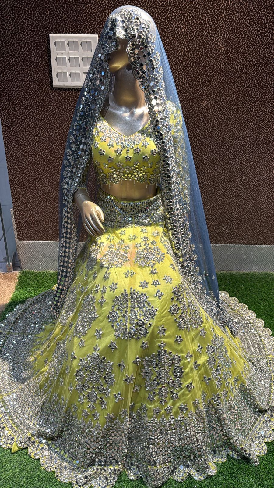 Celestial Glow Exquisite Yellow Mirror-Embroidered Lehenga with Sheer Embellished Dupatta"