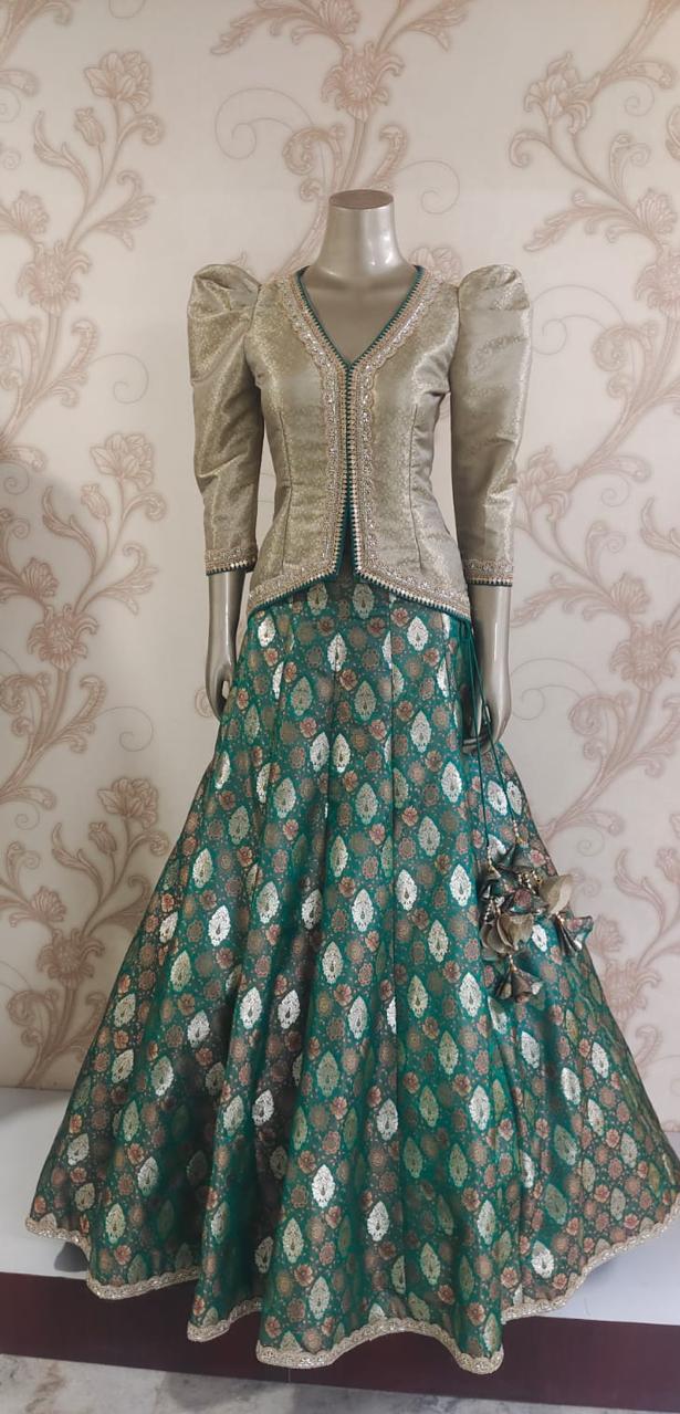Green & Gold Brocade Lehenga with Structured Puff-Sleeve Jacket-Dispatching After 30 Days Only on Orders