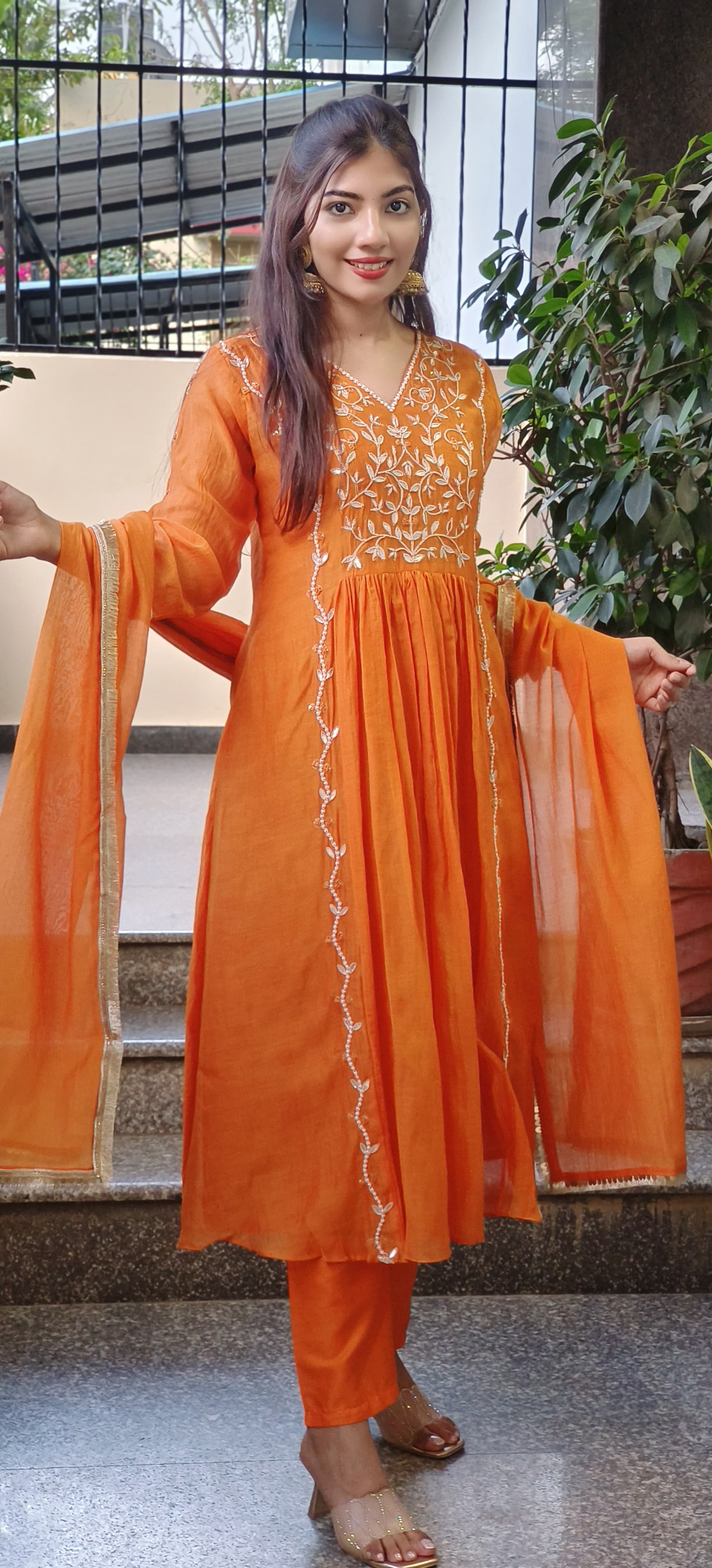 Radiant Orange Mul Chanderi Cotton Full Suit Set with Hand Zardozi, Pearl & Gota Patti Embroidery β Festive Wear with Graceful Detailing DRYWASH-09327