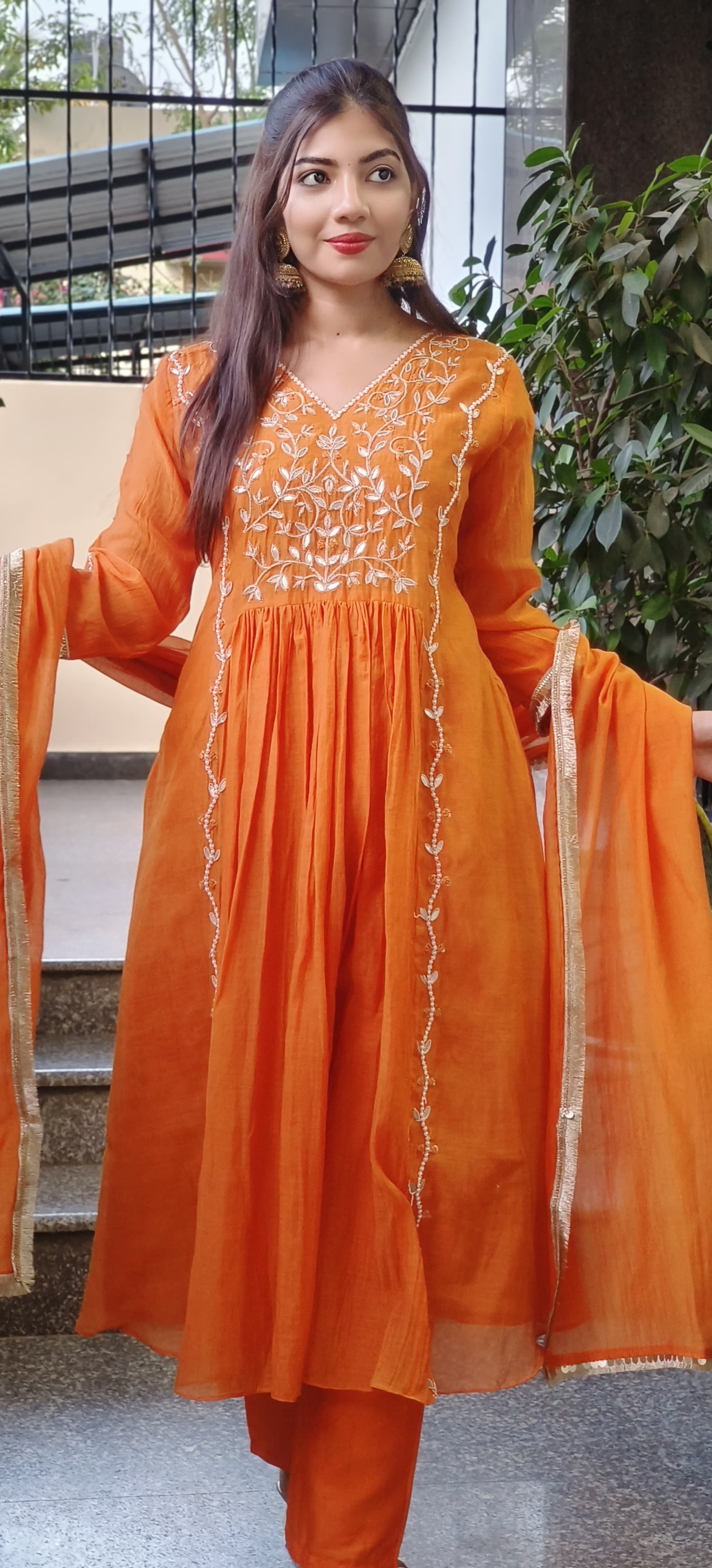 Radiant Orange Mul Chanderi Cotton Full Suit Set with Hand Zardozi, Pearl & Gota Patti Embroidery β Festive Wear with Graceful Detailing DRYWASH-09327