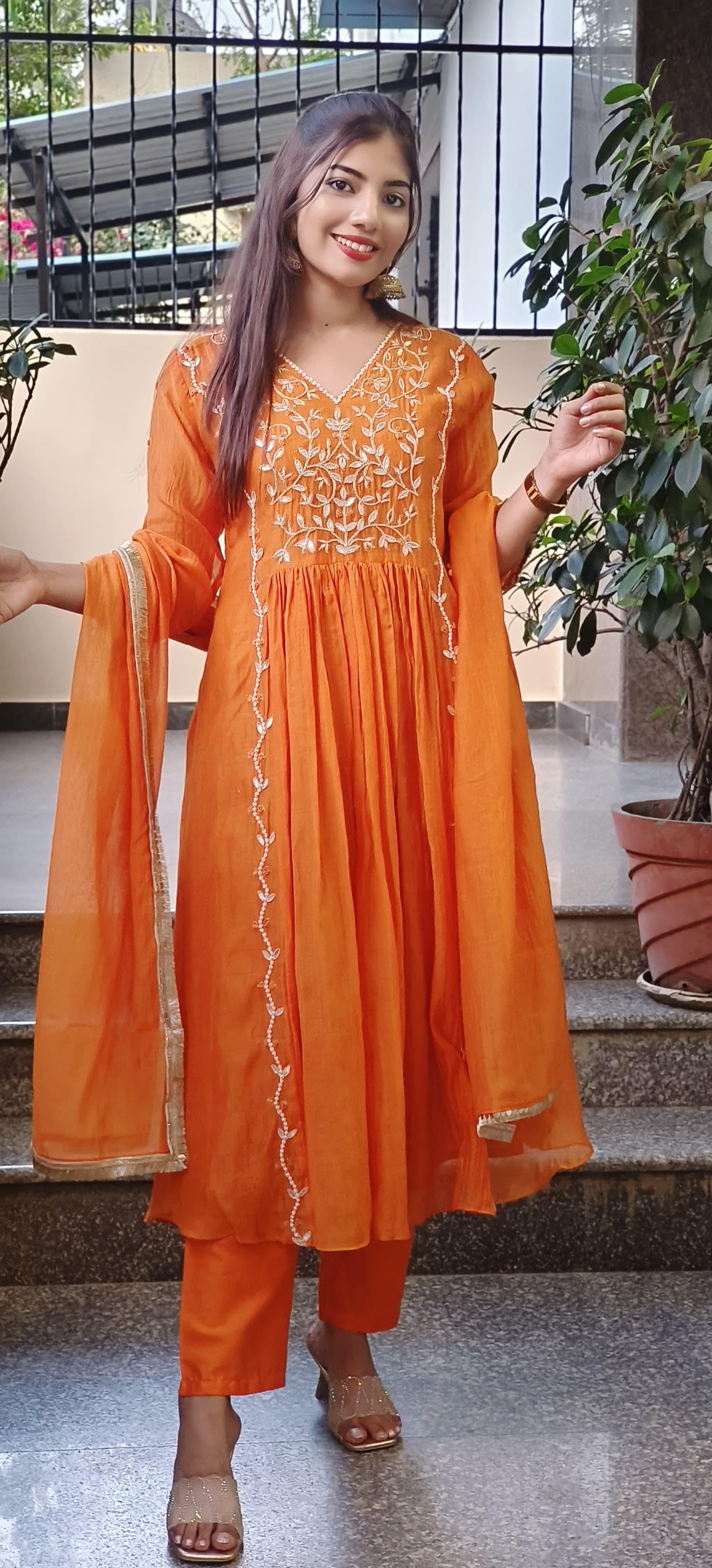 Radiant Orange Mul Chanderi Cotton Full Suit Set with Hand Zardozi, Pearl & Gota Patti Embroidery β Festive Wear with Graceful Detailing DRYWASH-09327
