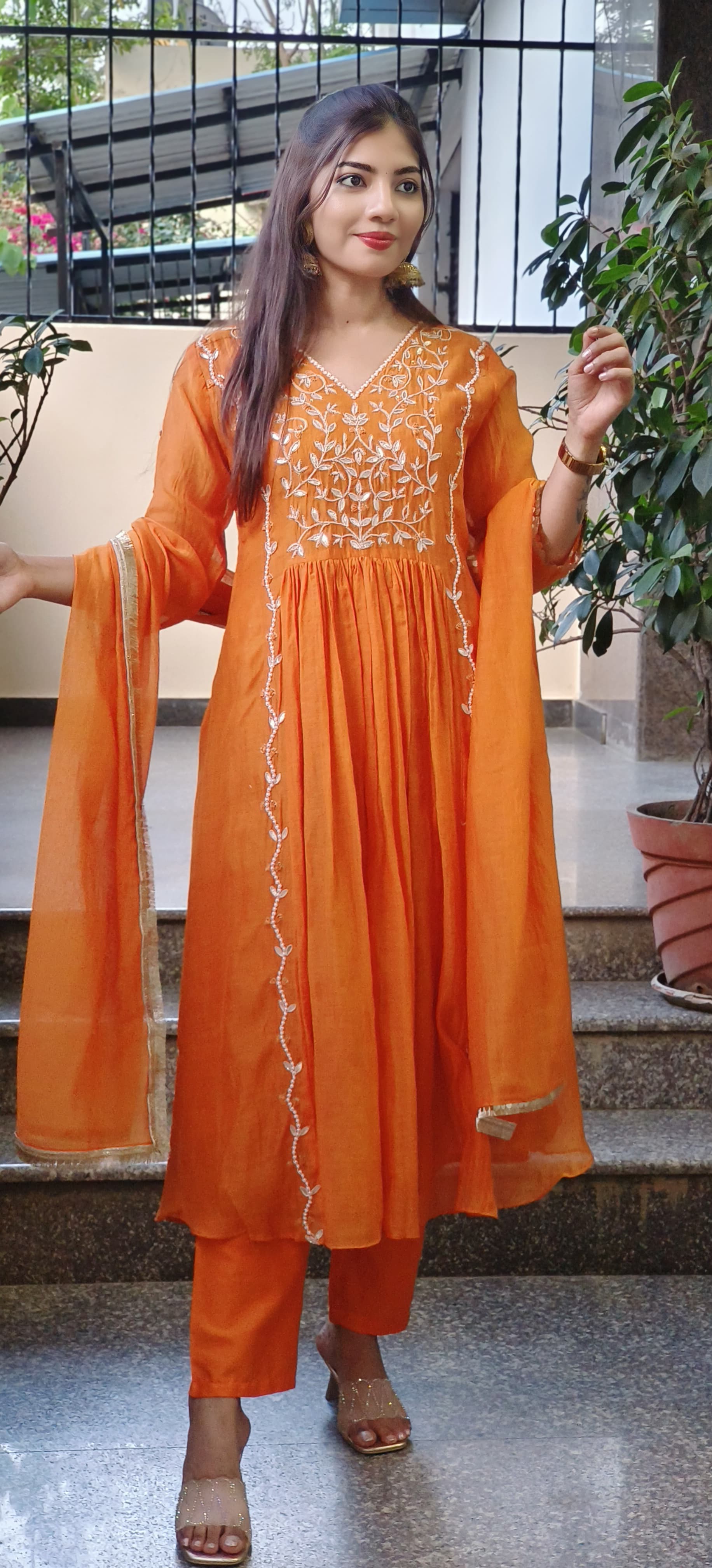 Radiant Orange Mul Chanderi Cotton Full Suit Set with Hand Zardozi, Pearl & Gota Patti Embroidery β Festive Wear with Graceful Detailing DRYWASH-09327