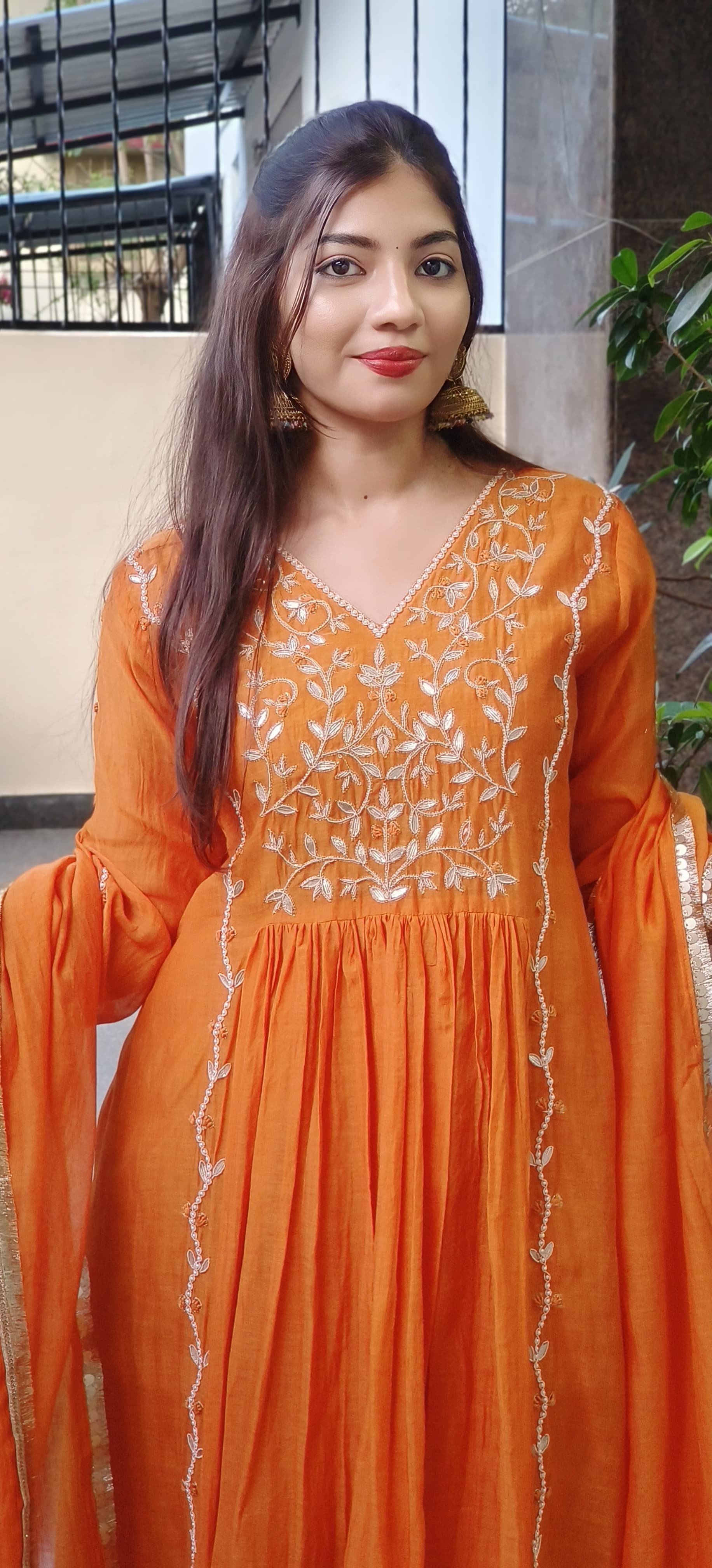 Radiant Orange Mul Chanderi Cotton Full Suit Set with Hand Zardozi, Pearl & Gota Patti Embroidery β Festive Wear with Graceful Detailing DRYWASH-09327