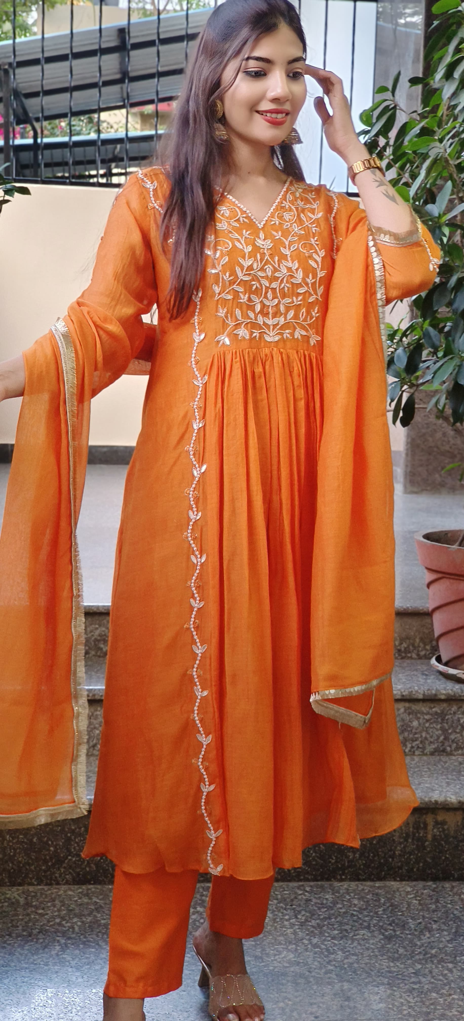 Radiant Orange Mul Chanderi Cotton Full Suit Set with Hand Zardozi, Pearl & Gota Patti Embroidery – Festive Wear with Graceful Detailing DRYWASH-09327