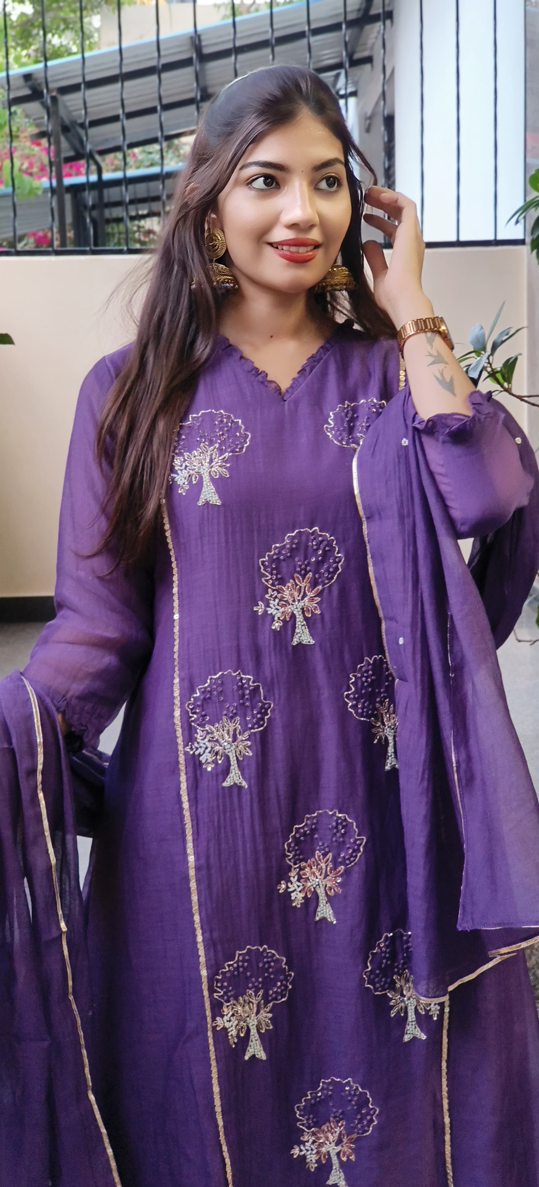 Royal Purple Full Suit Set in Premium Mul Chanderi Cotton with Intricate Hand Zardozi Embroidery β Graceful & Elegant Ethnic Wear for Festive Occasions DRYWASH 09328
