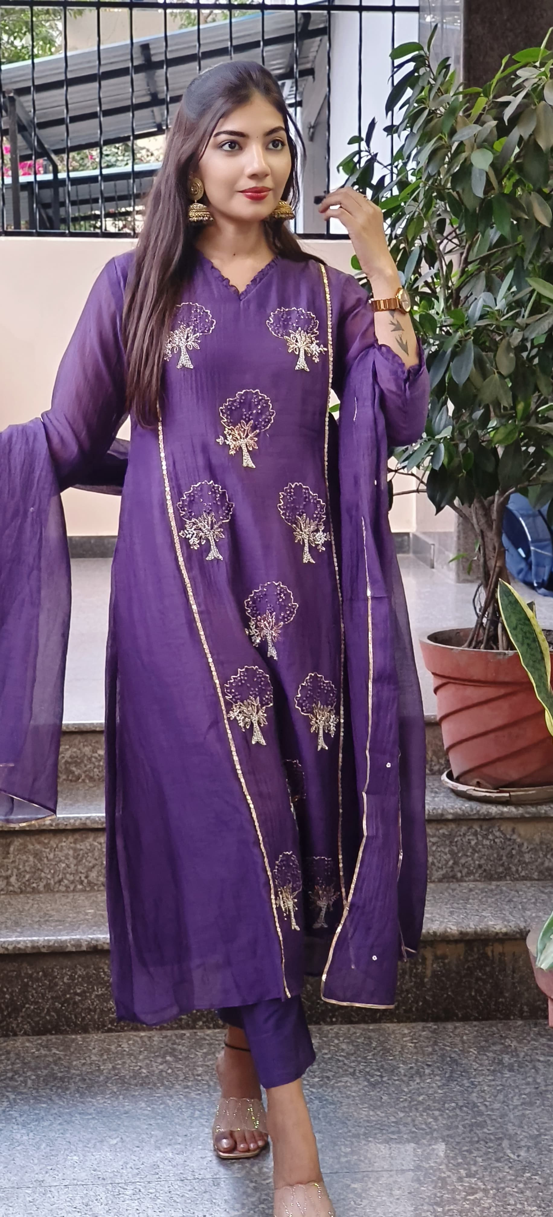 Royal Purple Full Suit Set in Premium Mul Chanderi Cotton with Intricate Hand Zardozi Embroidery β Graceful & Elegant Ethnic Wear for Festive Occasions DRYWASH 09328