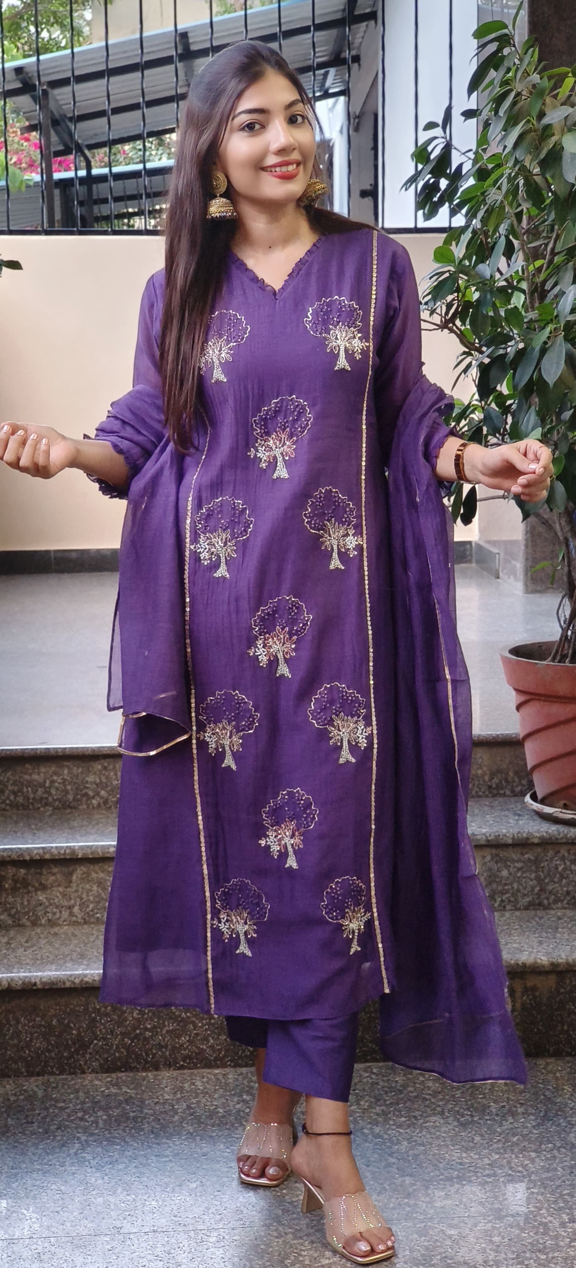 Royal Purple Full Suit Set in Premium Mul Chanderi Cotton with Intricate Hand Zardozi Embroidery β Graceful & Elegant Ethnic Wear for Festive Occasions DRYWASH 09328