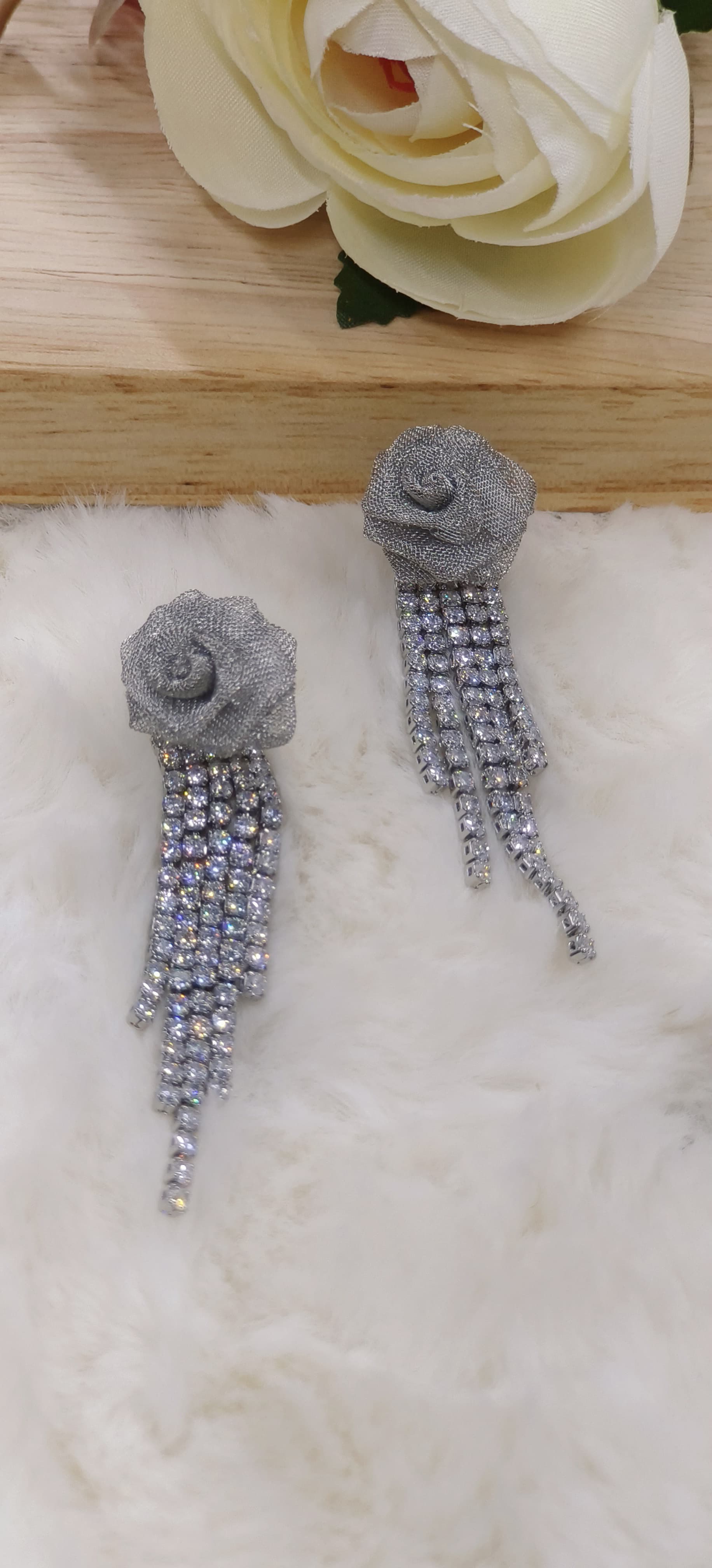 Long Crystal Flower Tassel Drop Dangle Earrings