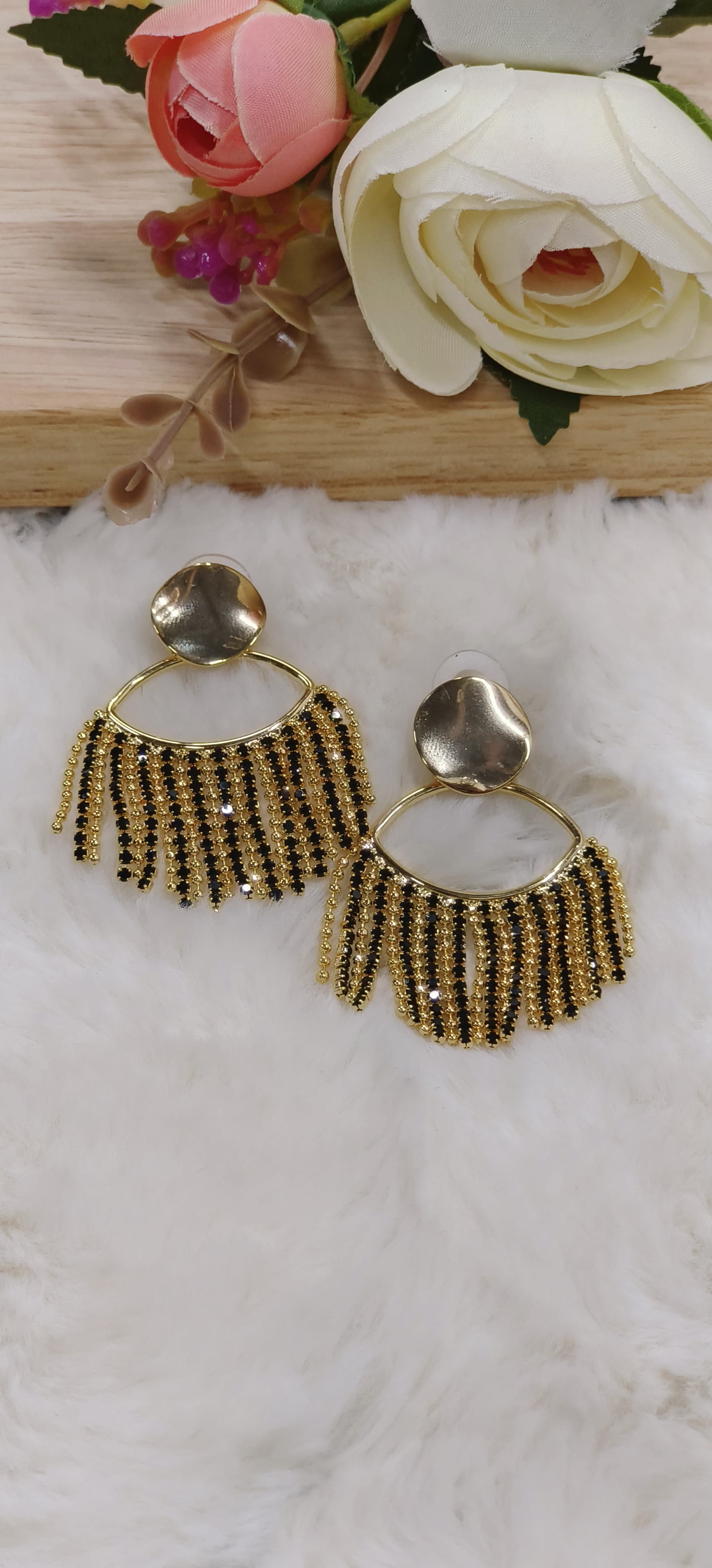Gold Plated Chain Black Stones Tassels Earrings