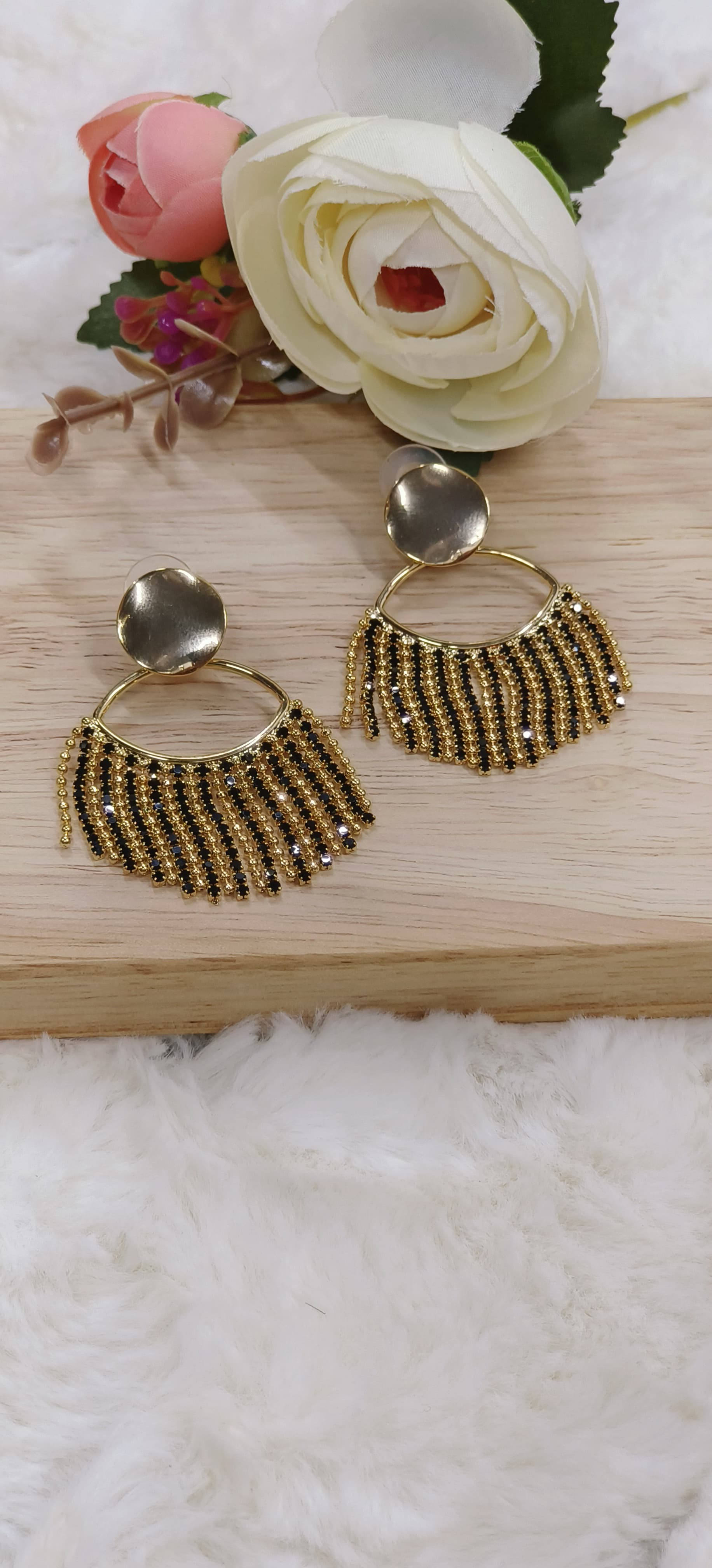 Gold Plated Chain Black Stones Tassels Earrings