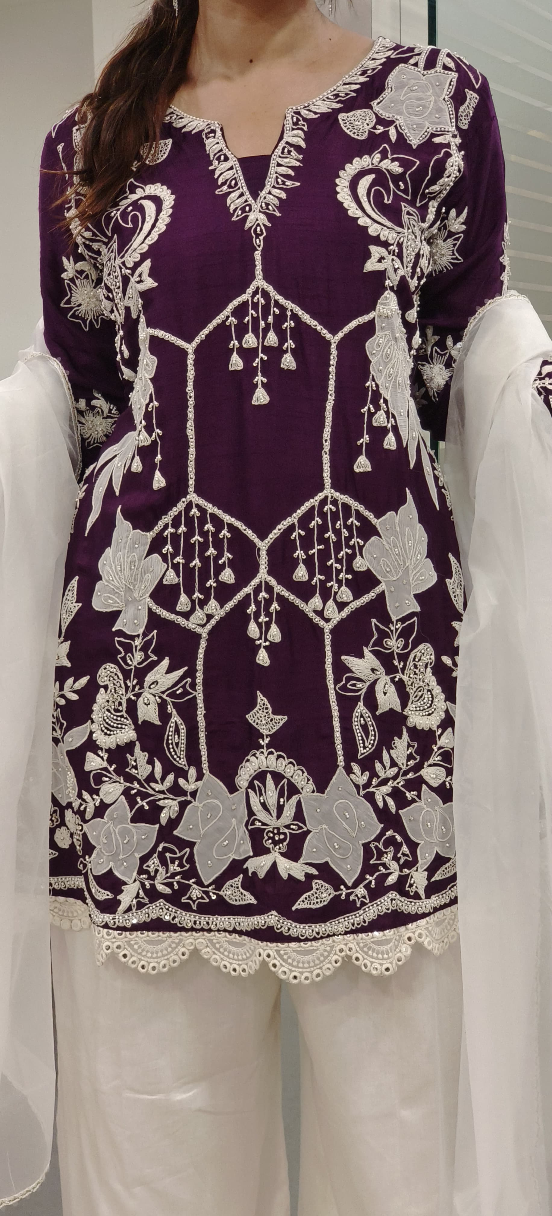 Elegant 3-Piece Silk Embroidered Suit Set With Pearl & Thread Work Deep Purple & Mustard Yellow With organza Dupatta9415,9416