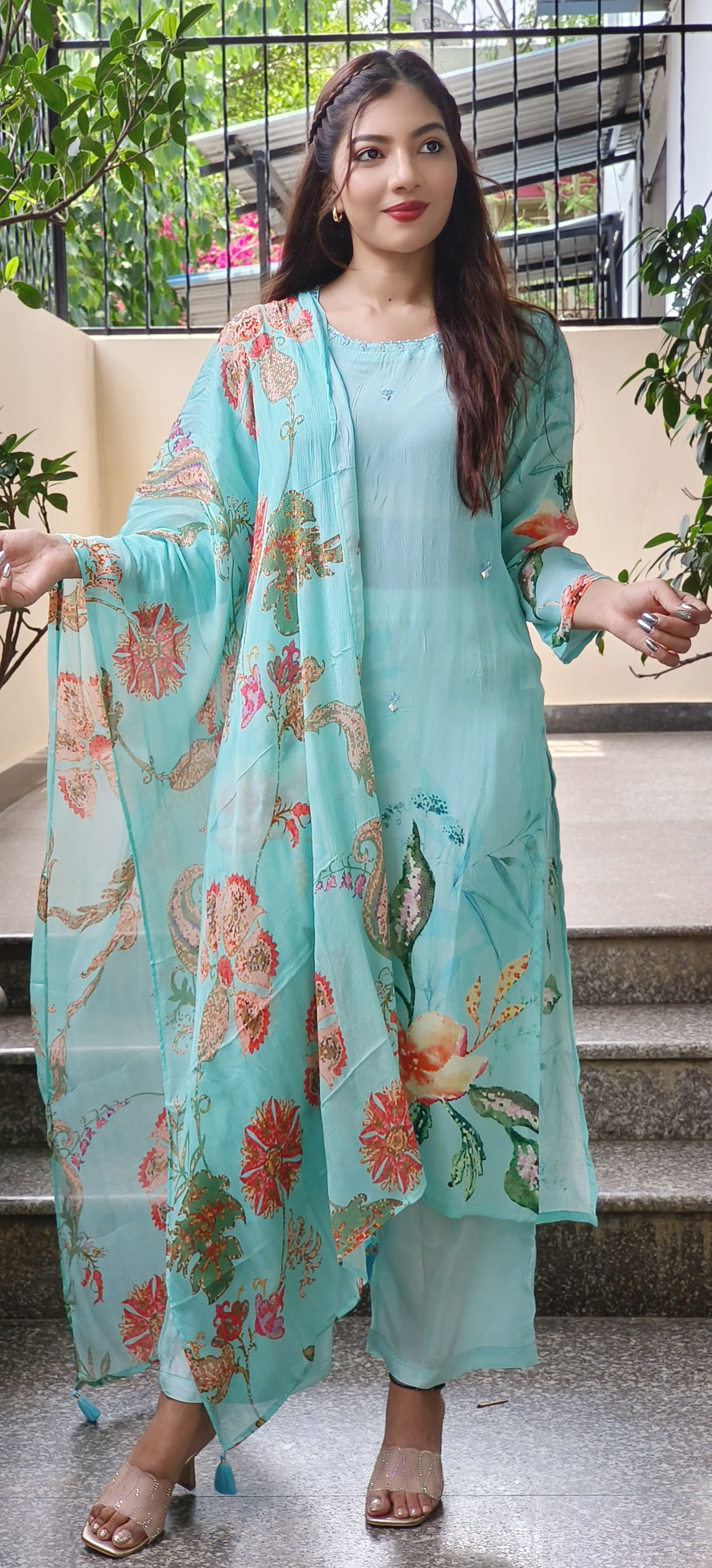 Floral Printed Crepe Full Kurta Set-9381