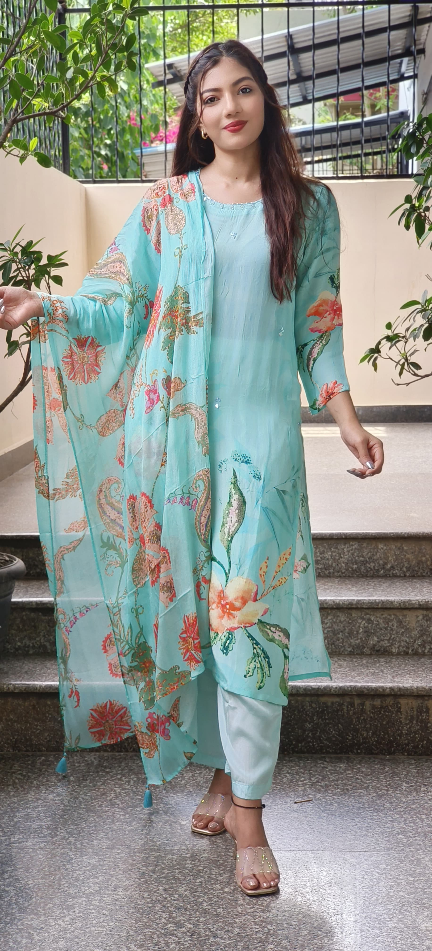 Floral Printed Crepe Full Kurta Set-9381
