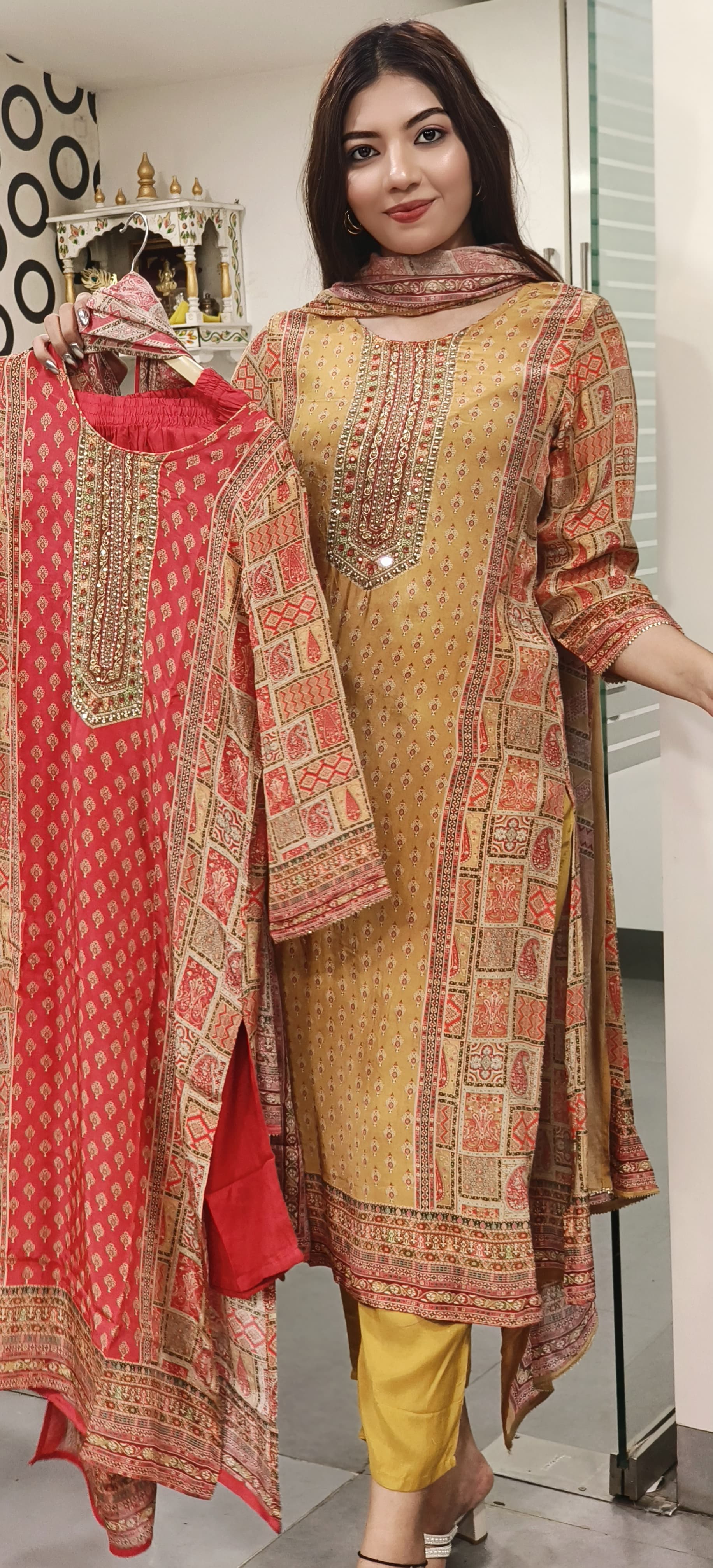 Beautiful Floral Printed Crepe Kurta With Light Cut Dana Embroidery, Pant And Chinnon Dupatta- 07182
