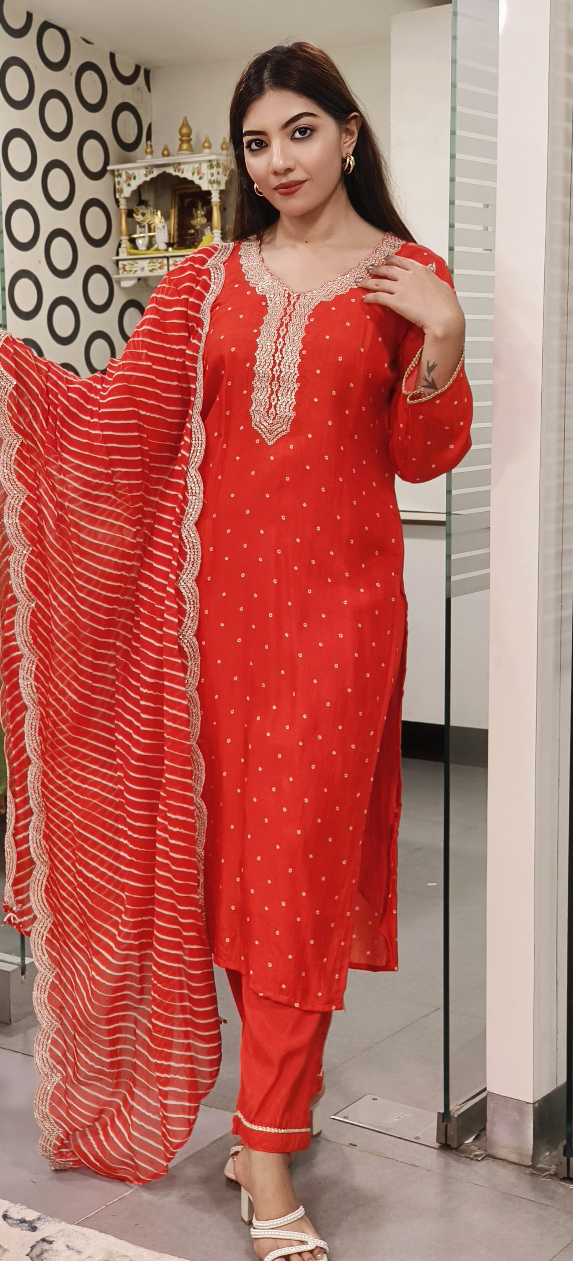 Golden Zari Work Bandhej Full Suit Set With Leheriya Dupatta In Silk Fabric-07773
