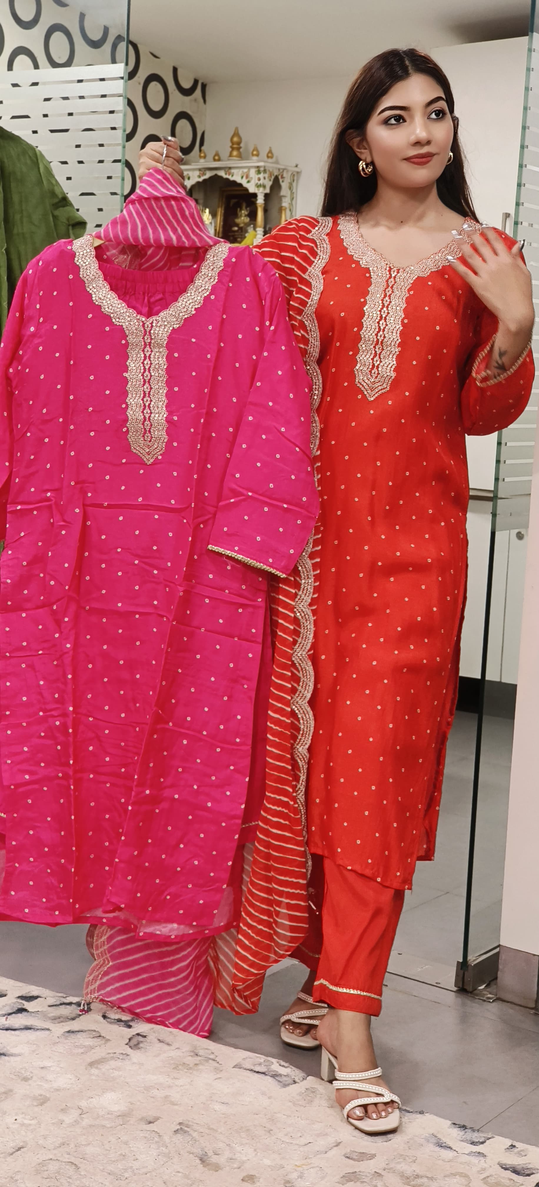 Golden Zari Work Bandhej Full Suit Set With Leheriya Dupatta In Silk Fabric-07773