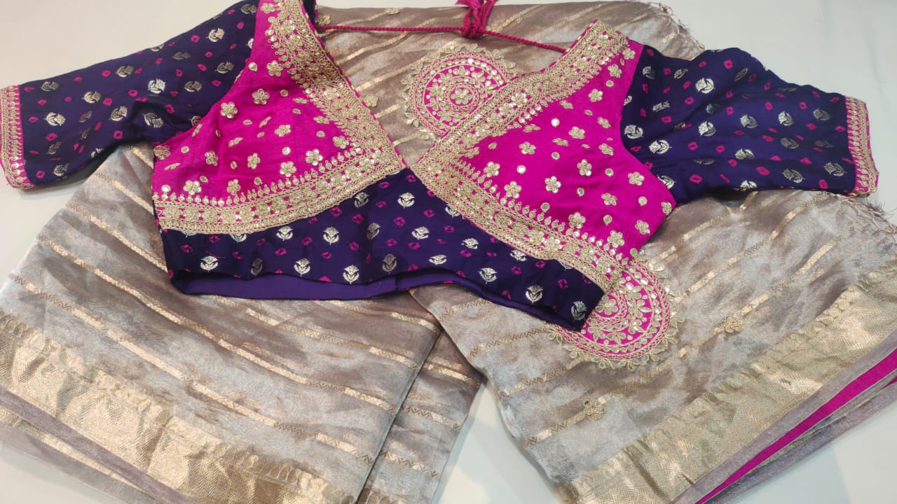 Heavy Embroidered Real Tissue Fabric Designer Saree With Stitched Padded Blouse