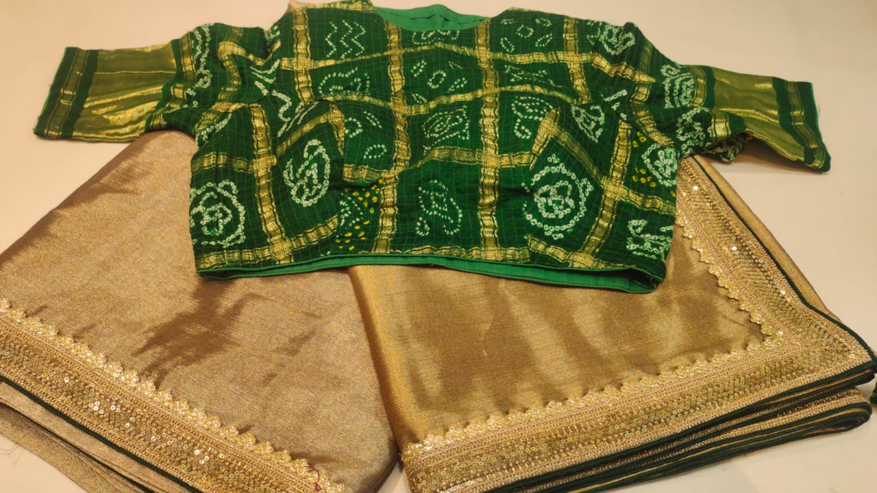 Designer Tissue Silk Plain Gold Dual Tone Silk Saree with Vibrant Bandhani Padded Stiched Blouse