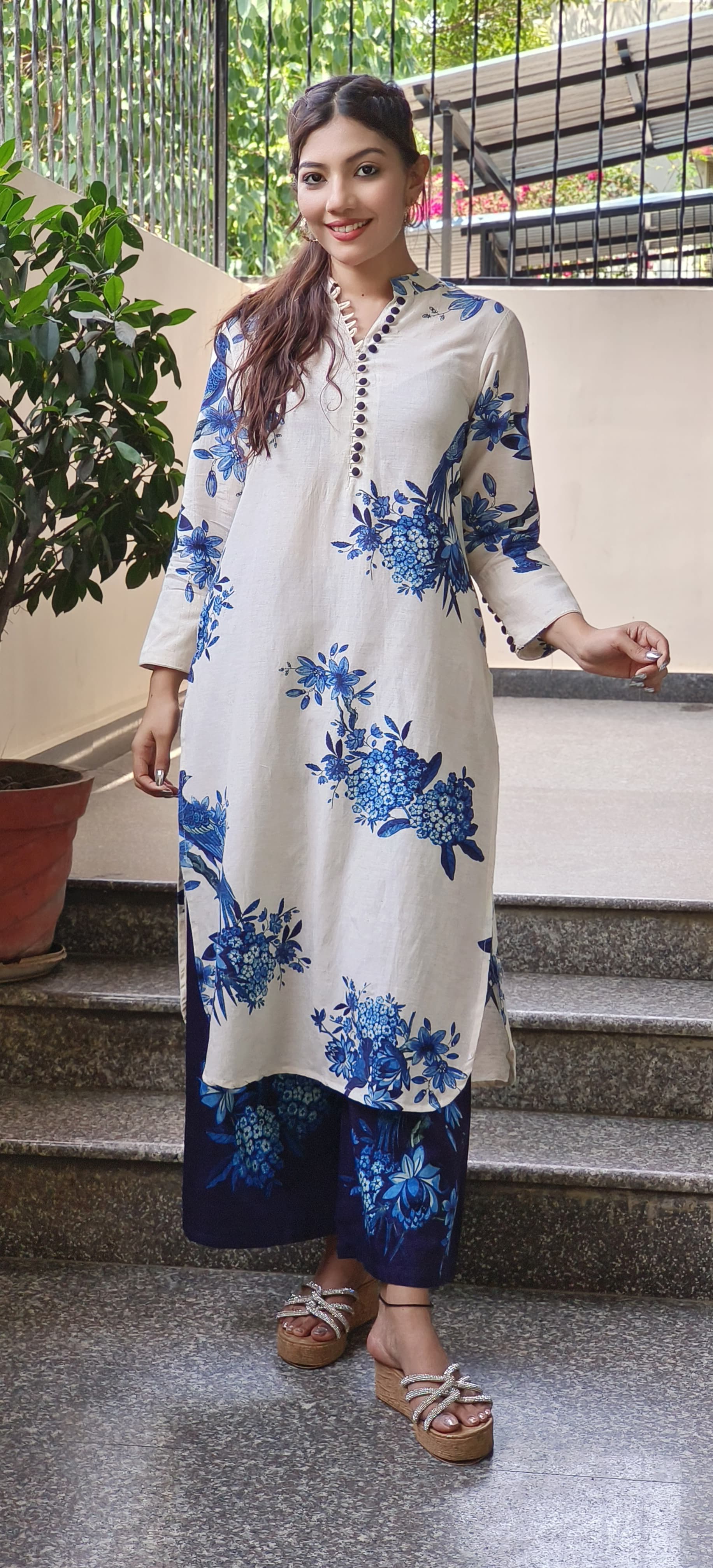 Casual Wear Linen Cotton Floral Print Kurta With Loose Printed Palazzo