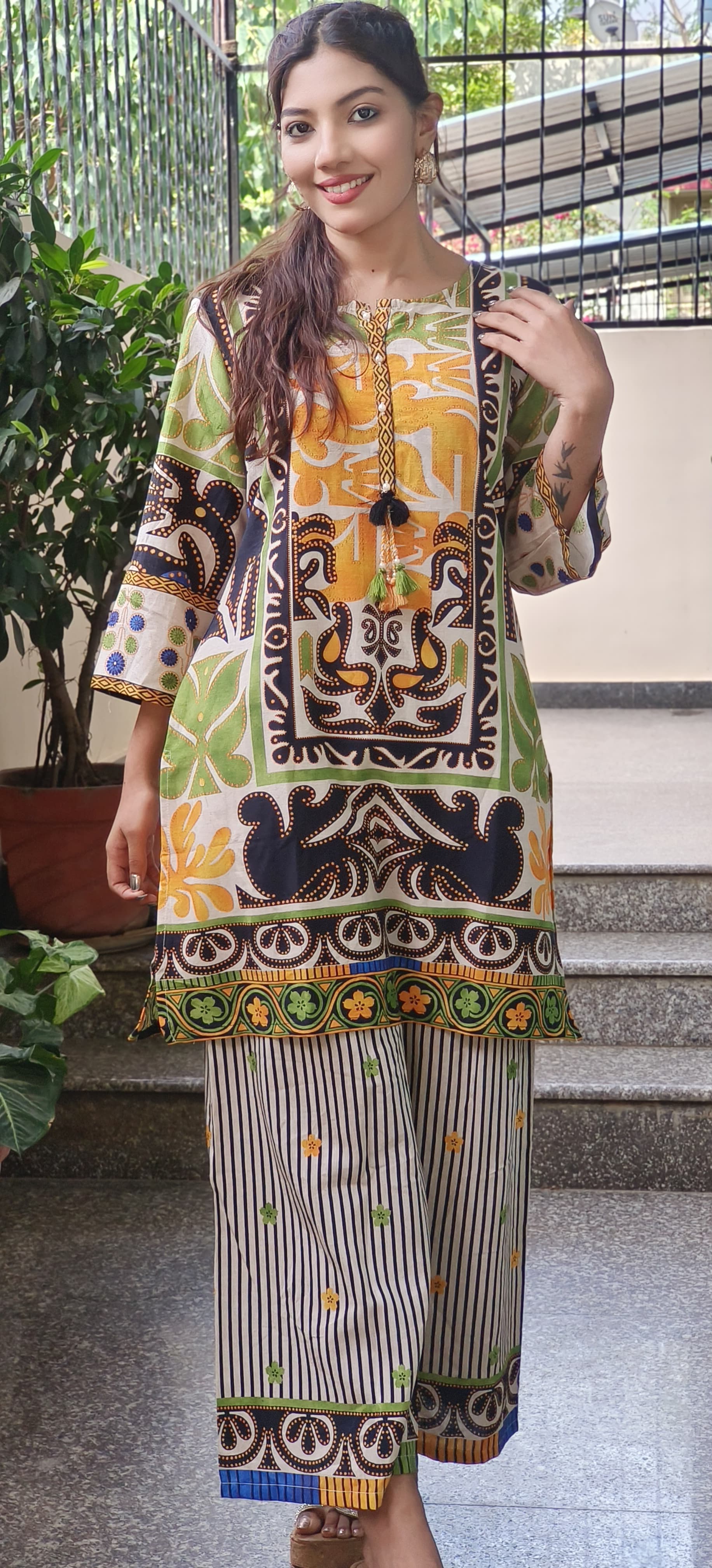 Linen Cotton Printed Kurta with stripe palazzo 09566