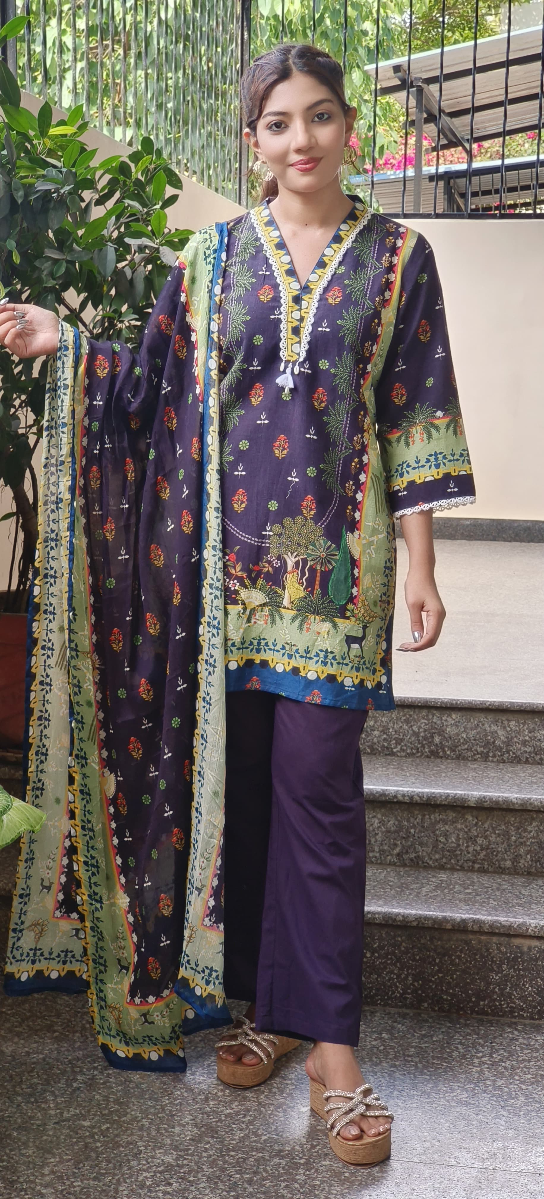 Printed linen Kurta Pant Full Set with chinon dupatta se