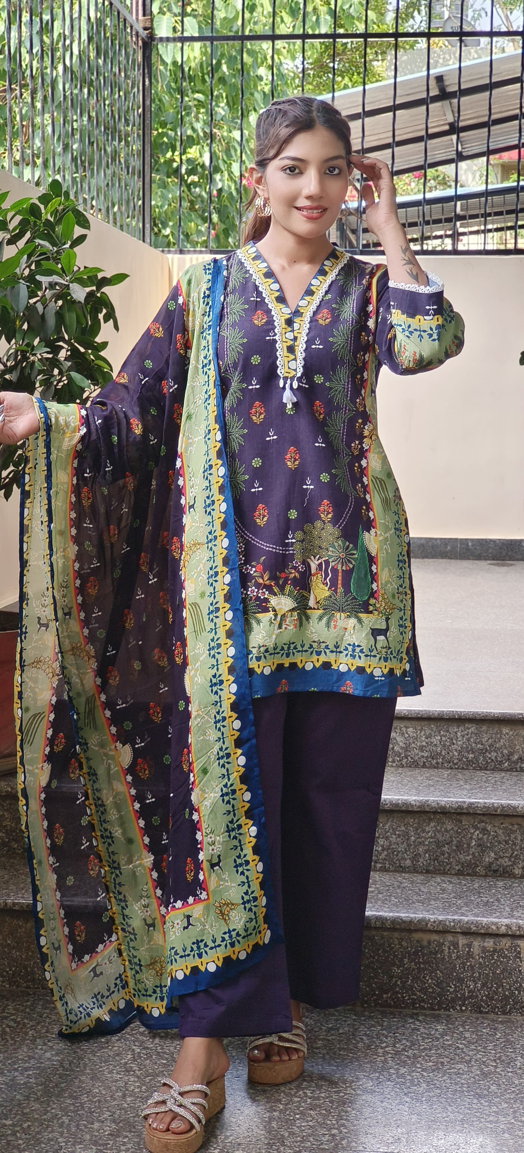 Printed linen Kurta Pant Full Set with chinon dupatta se
