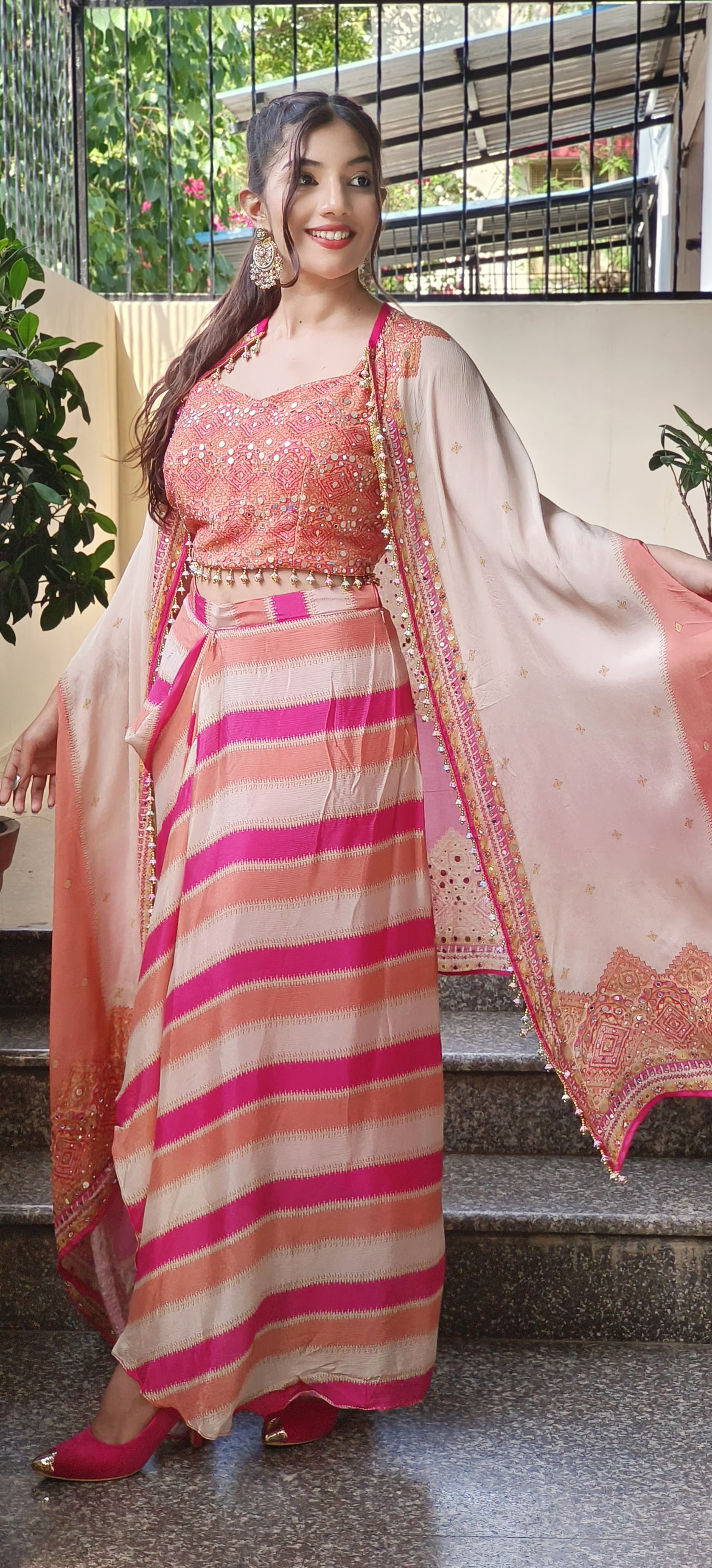 Indo Western Dhoti Pant With Crop Top And Shrug-9550