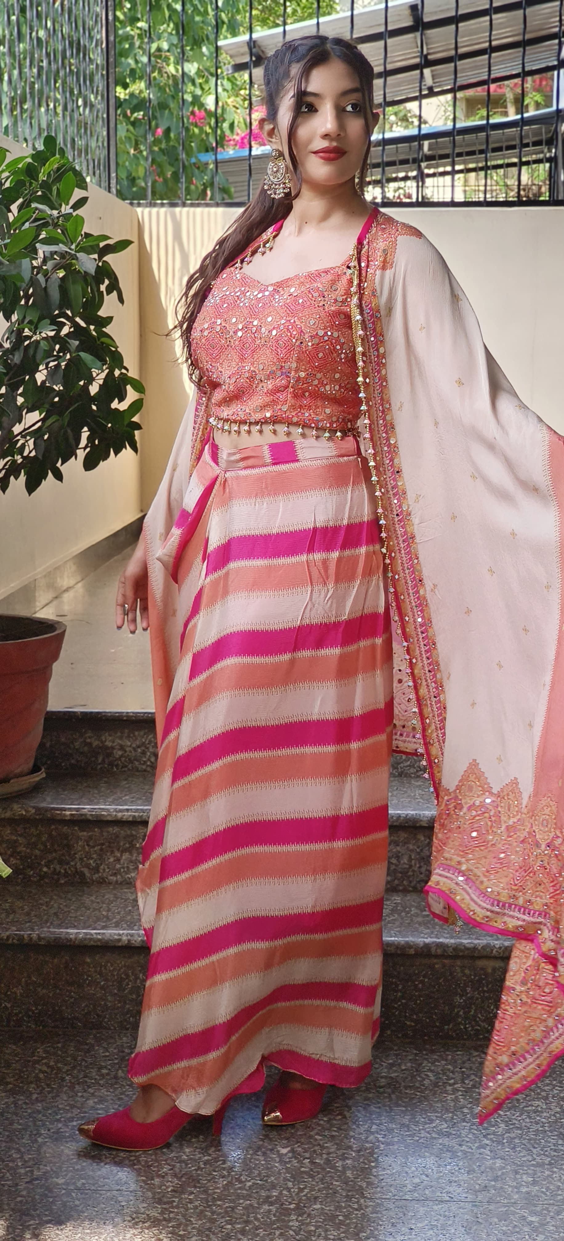 Indo Western Dhoti Pant With Crop Top And Shrug-9550