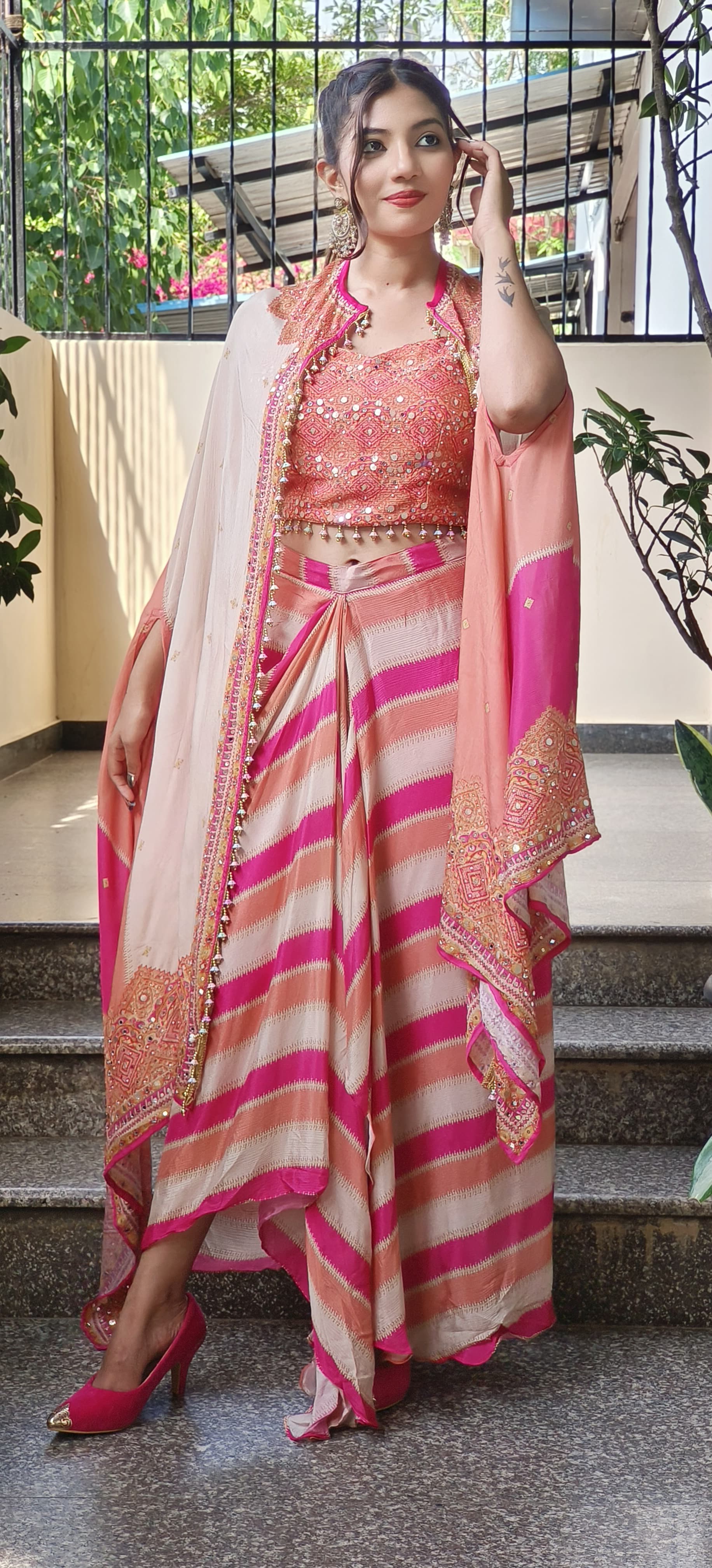 Indo Western Dhoti Pant With Crop Top And Shrug-9550