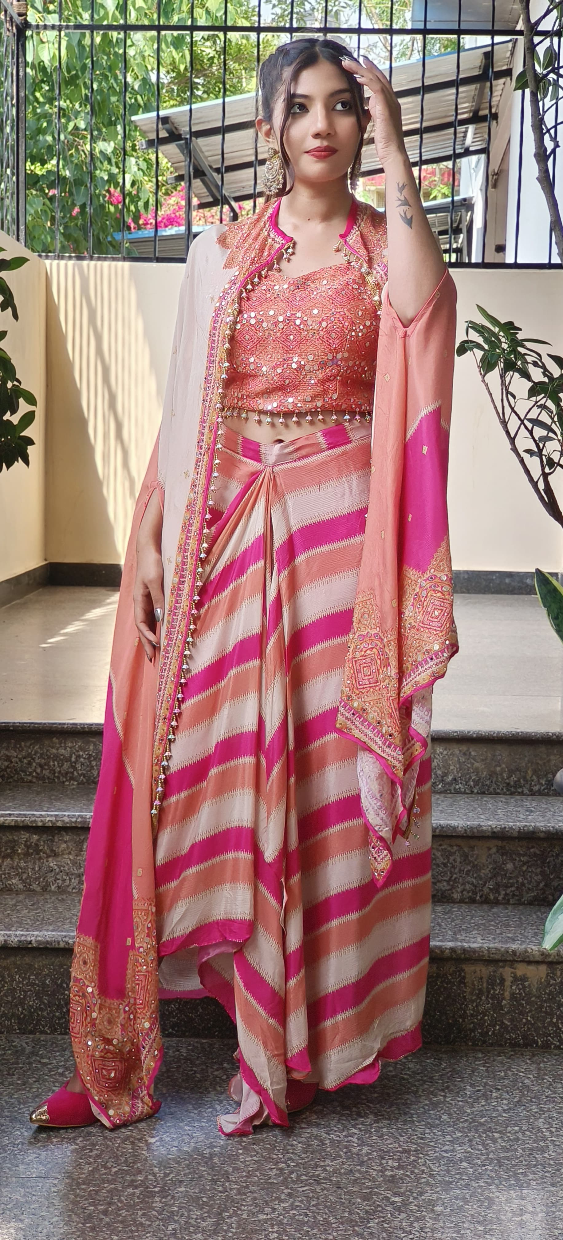 Indo Western Dhoti Pant With Crop Top And Shrug-9550