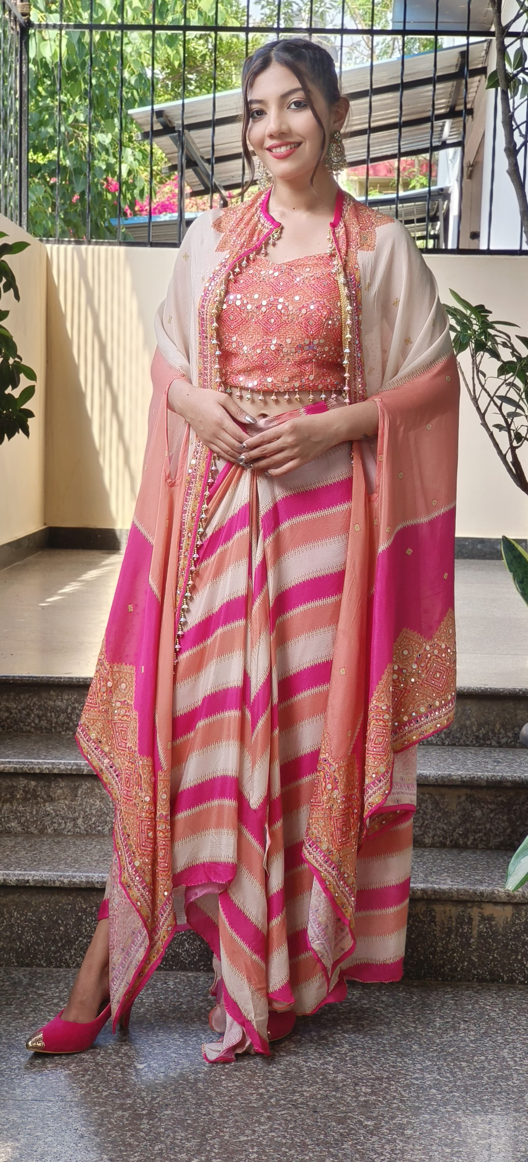 Indo Western Dhoti Pant With Crop Top And Shrug-9550