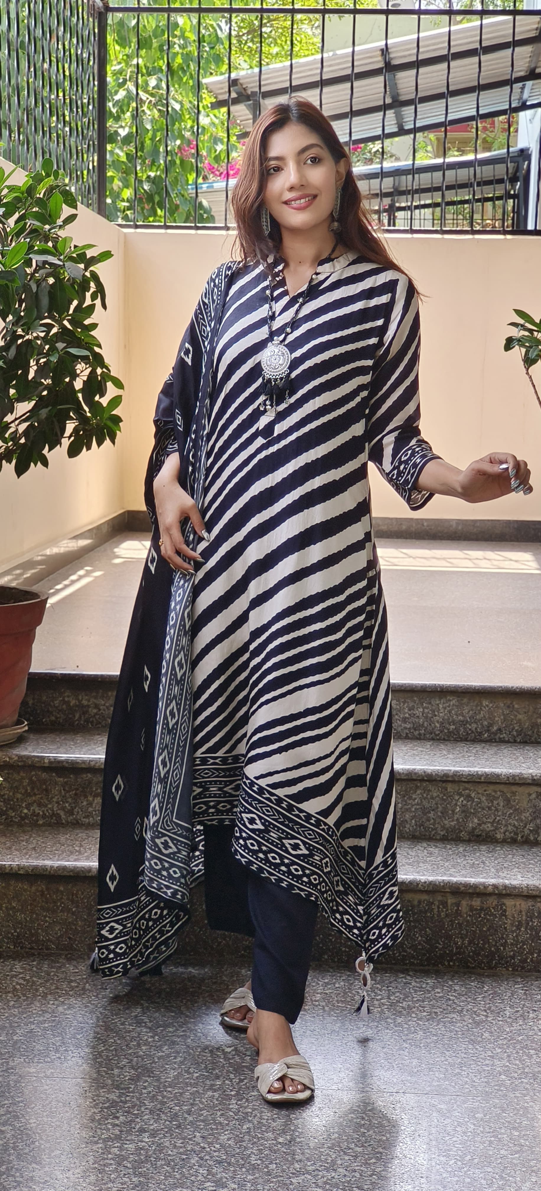 LEAN FIT Dola Silk LehriyaKurta Pant Set With Dupatta Stylish Neck piece- 09584 DISPATCHING WILL BE FROM TUESDAY