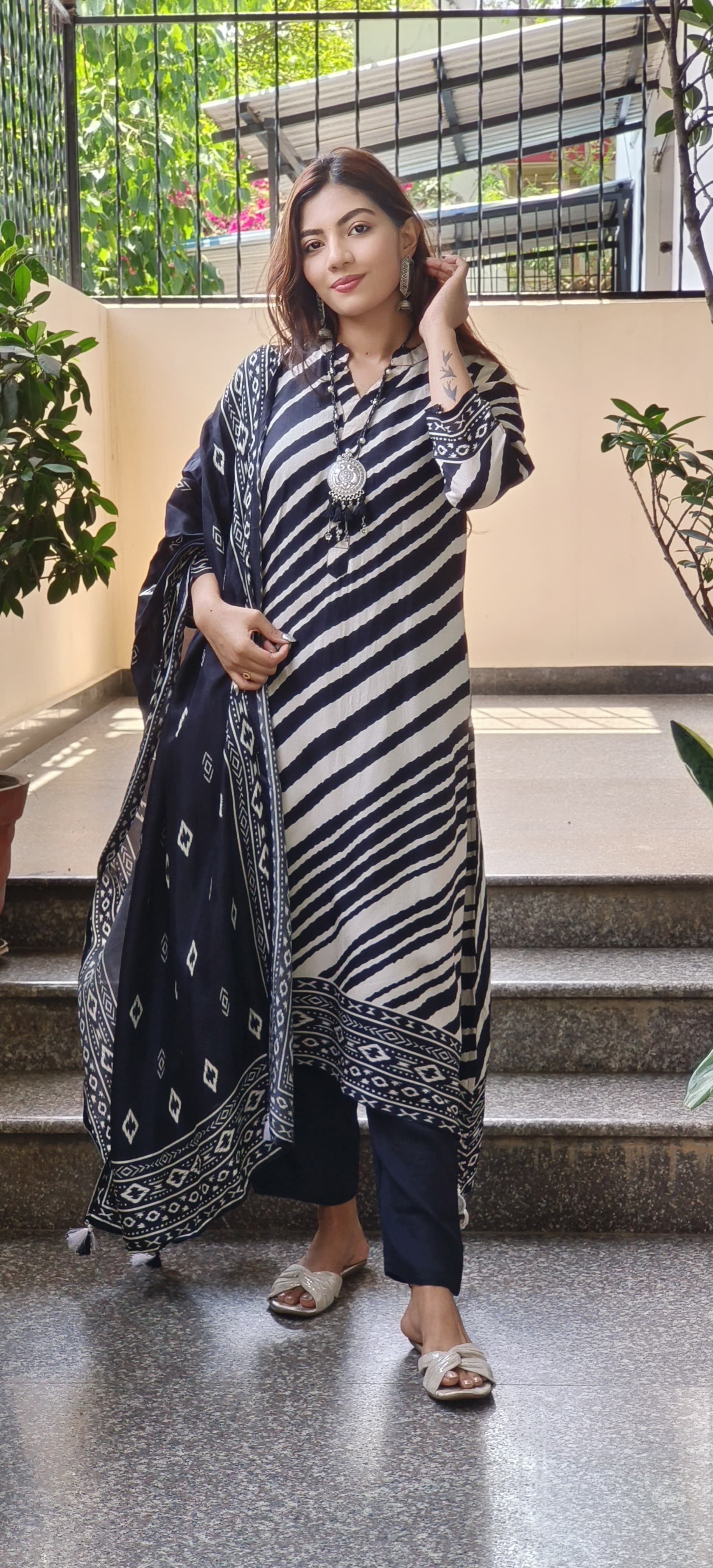 LEAN FIT Dola Silk LehriyaKurta Pant Set With Dupatta Stylish Neck piece- 09584 DISPATCHING WILL BE FROM TUESDAY