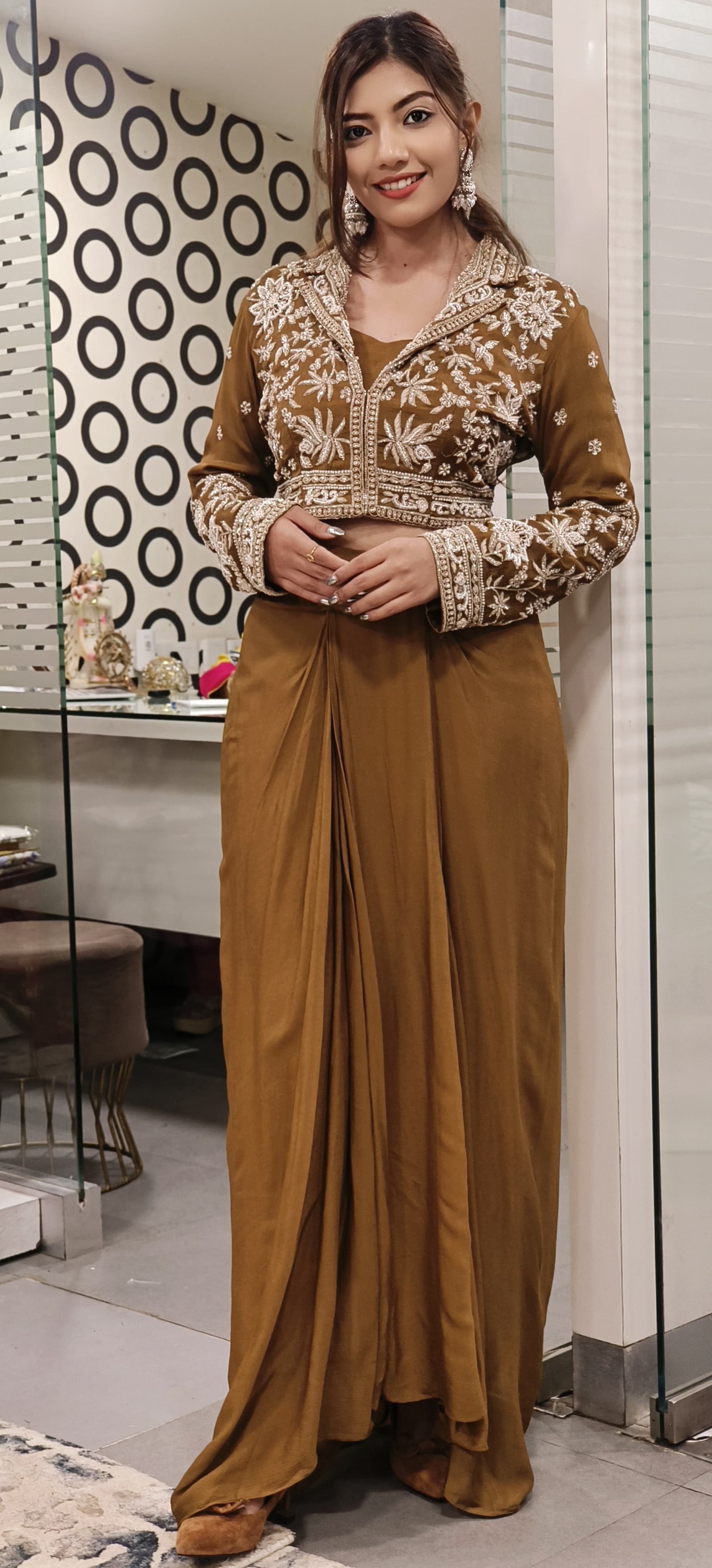 Heavy Pearl Cut Dana Embroidered Indo Western Wear Short Buster With Draped Skirt And Embroidered Jacket 09649,09650
