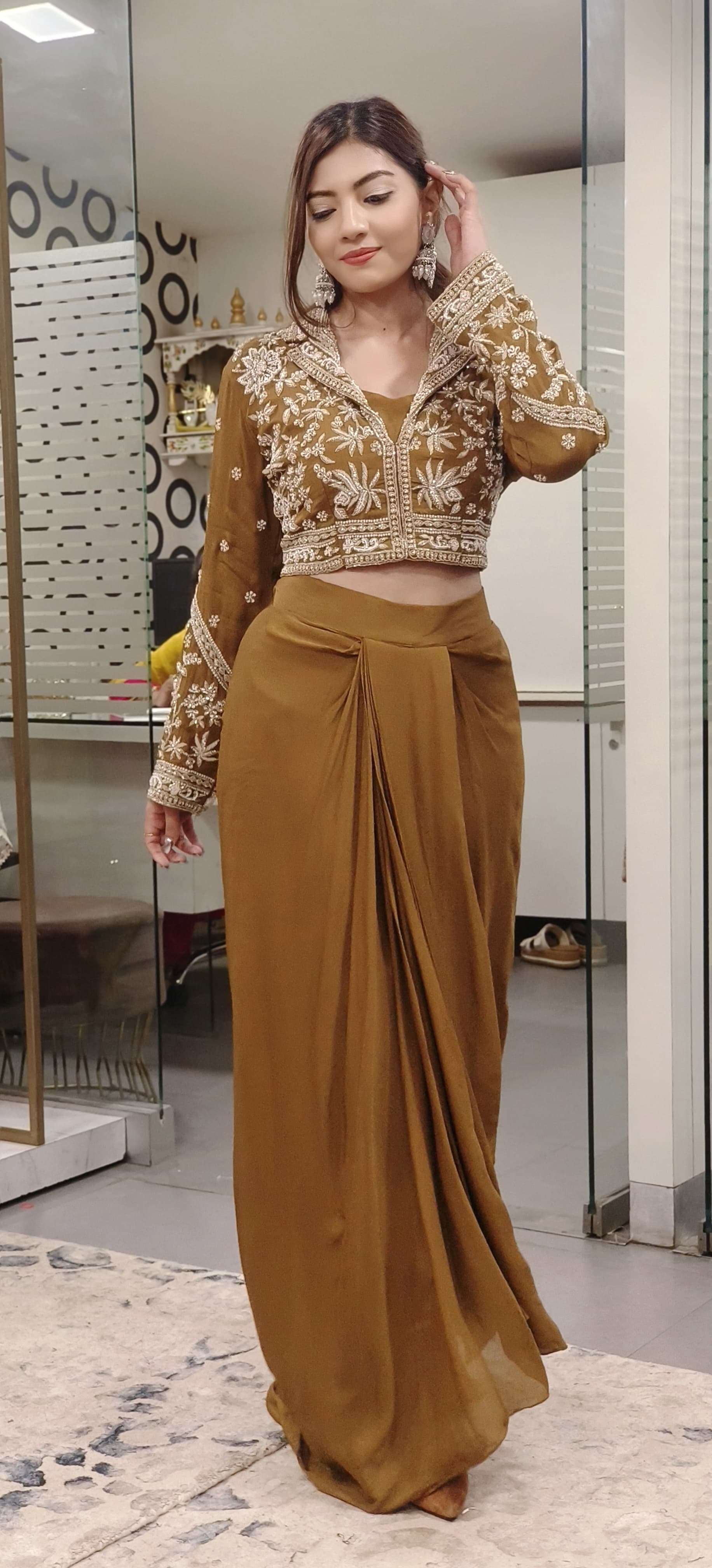 Heavy Pearl Cut Dana Embroidered Indo Western Wear Short Buster With Draped Skirt And Embroidered Jacket 09649,09650