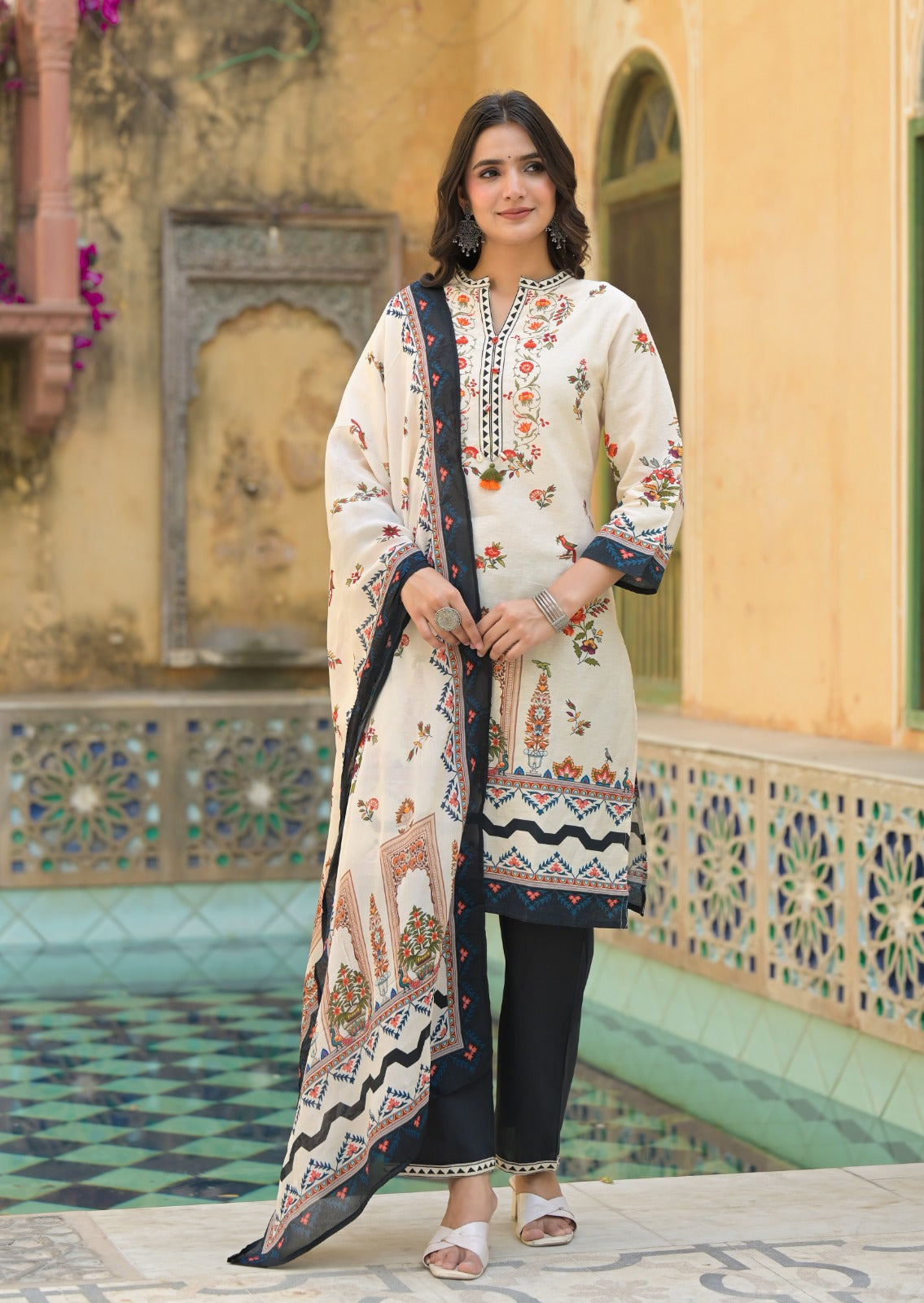 Linen Cotton Printed full suit set-09783