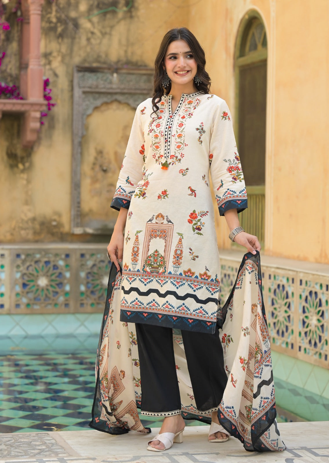 Linen Cotton Printed full suit set-09783