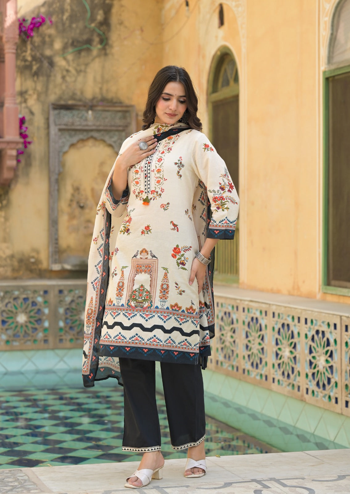 Linen Cotton Printed full suit set-09783