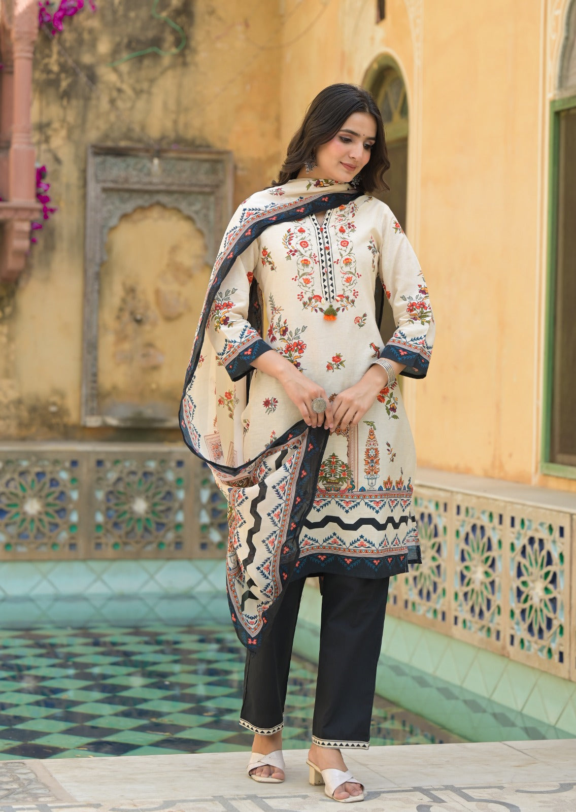 Linen Cotton Printed full suit set-09783
