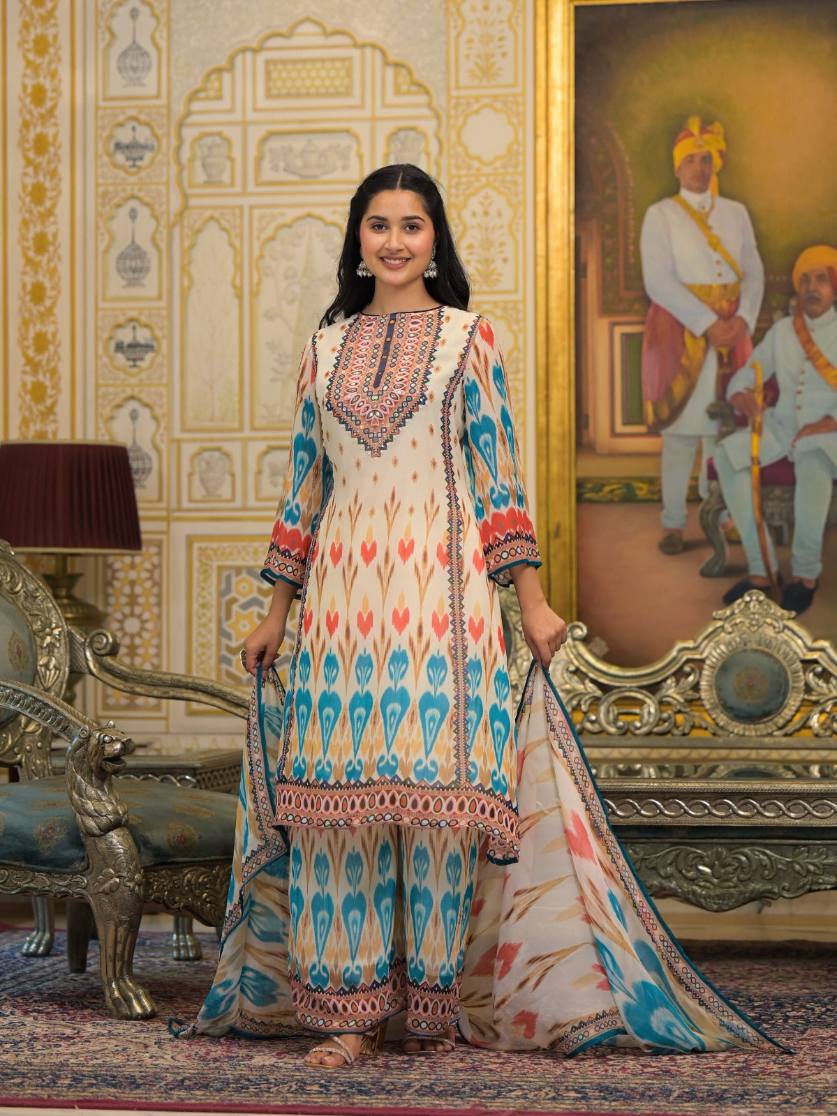 Beautiful Printed Georgette Kurta With Loose Bottom And Dupatta-09795